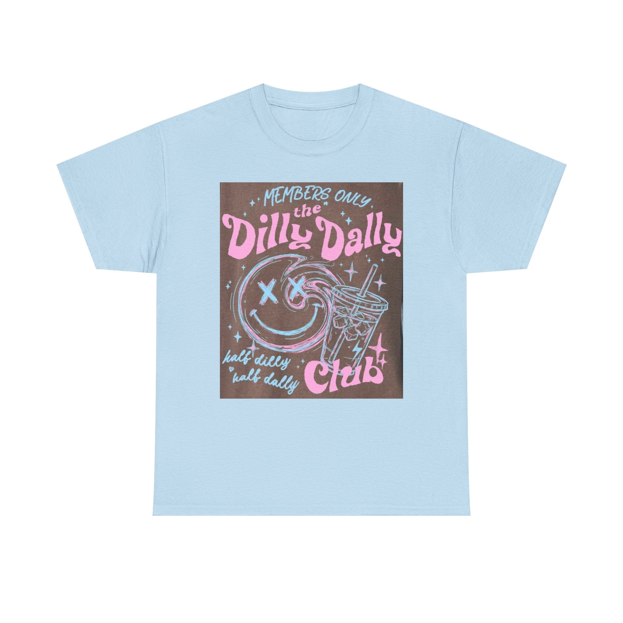 Dilly Dally Club Graphic Tee — Retro Pastel Drink & Moon Design