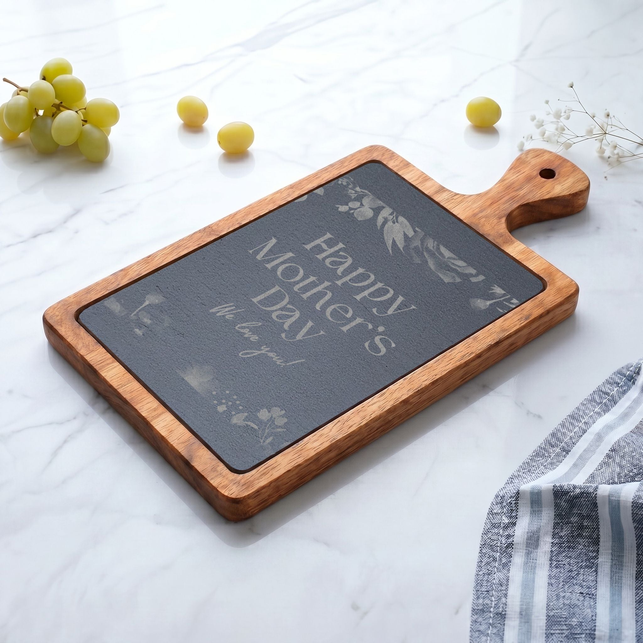 Engraved Mother's Day Charcuterie Board Set — Bamboo Cheese Board with Slate Inlay & Cheese Knives