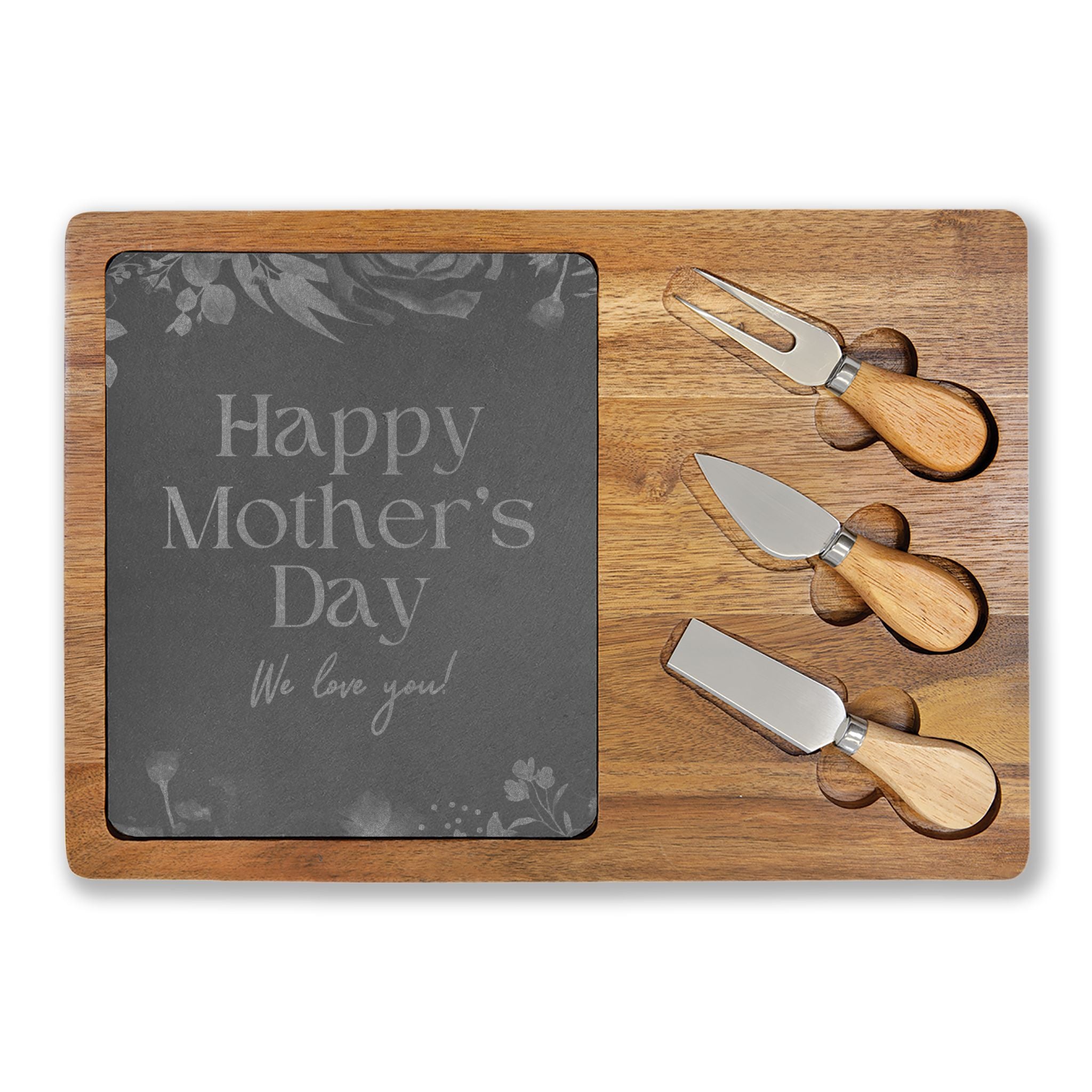 Engraved Mother's Day Charcuterie Board Set — Bamboo Cheese Board with Slate Inlay & Cheese Knives