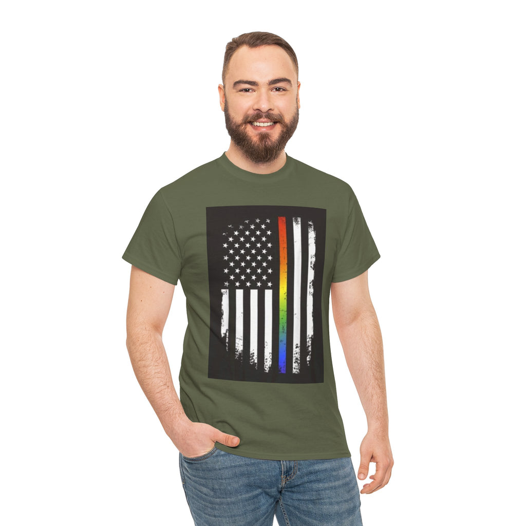 LGBTQ+ Pride Flag T‑Shirt — Distressed American Flag with Rainbow Stripe