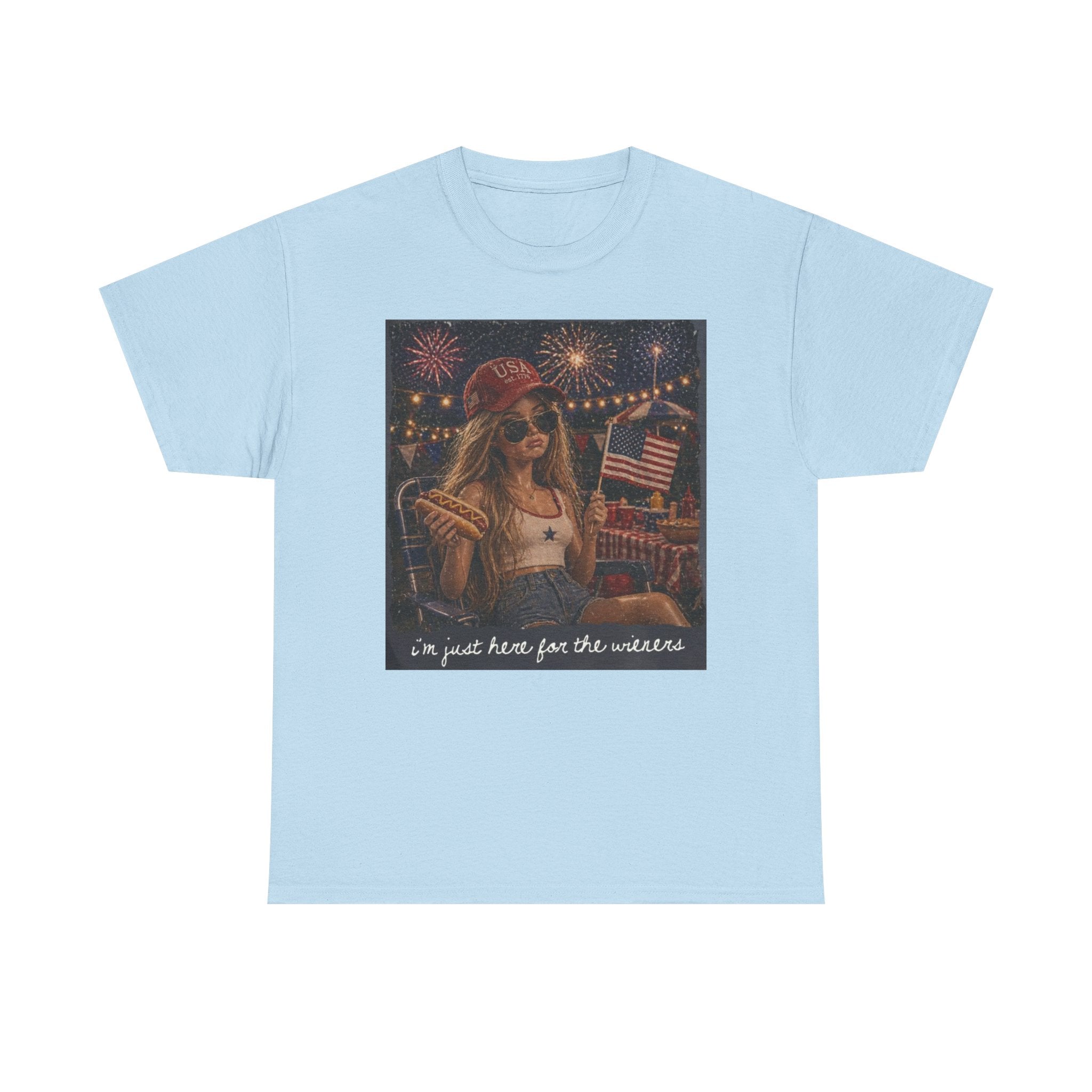 Patriotic Girl Graphic Tee — "I'm Just Here for the Fireworks" 4th of July Shirt