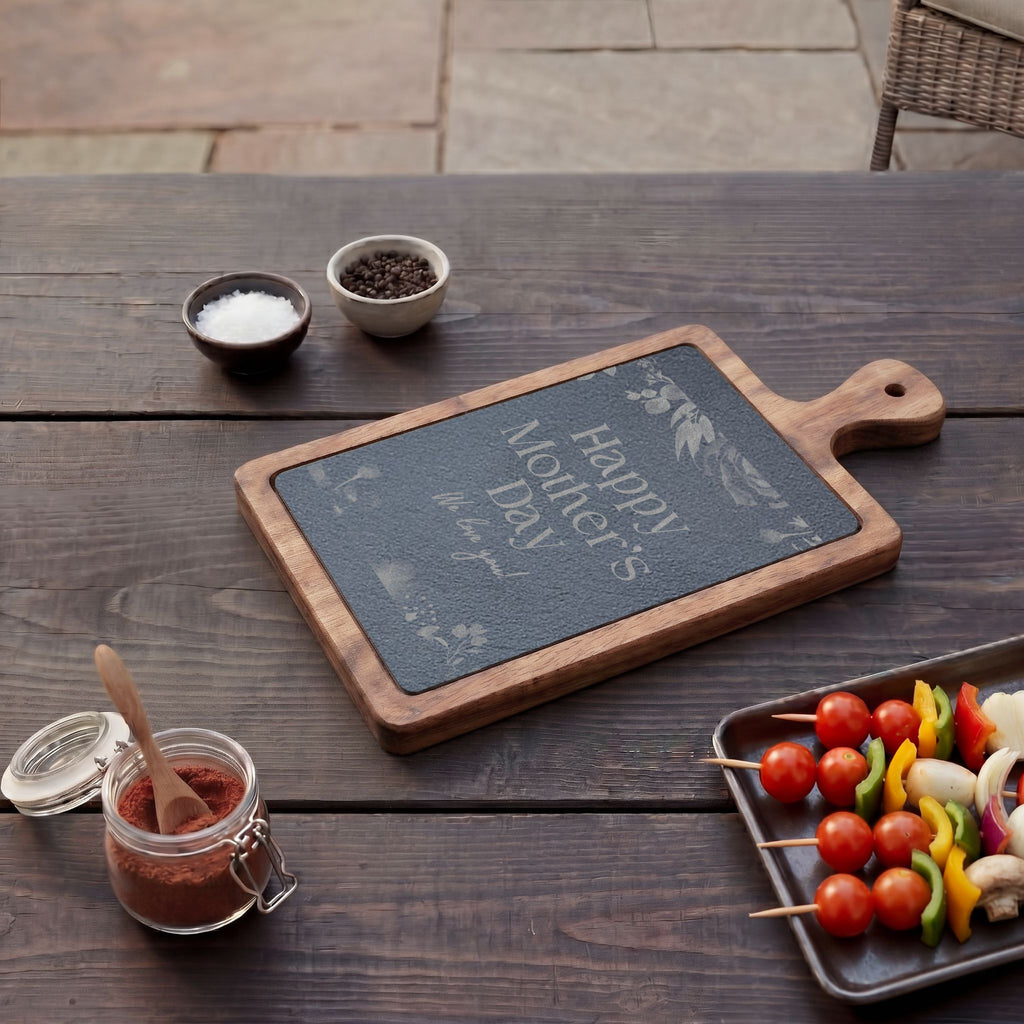 Engraved Mother's Day Charcuterie Board Set — Bamboo Cheese Board with Slate Inlay & Cheese Knives