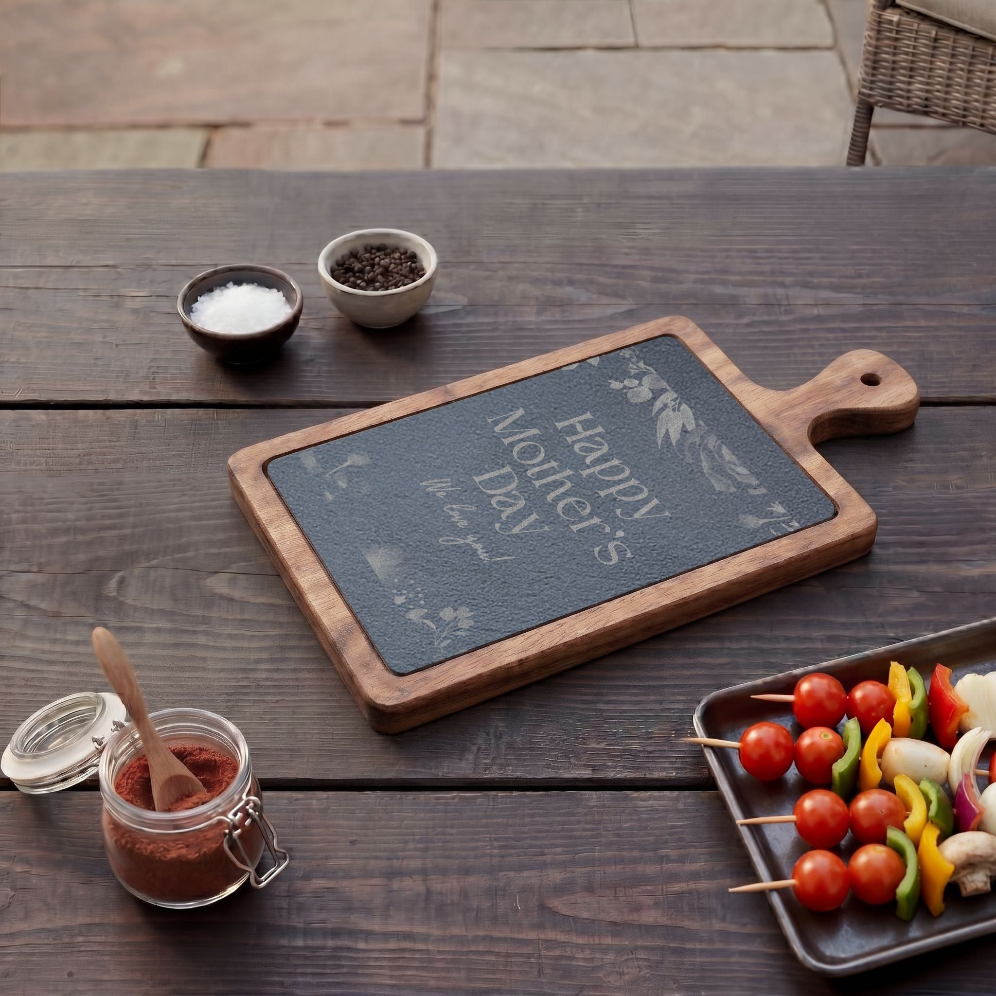 Engraved Mother's Day Charcuterie Board Set — Bamboo Cheese Board with Slate Inlay & Cheese Knives