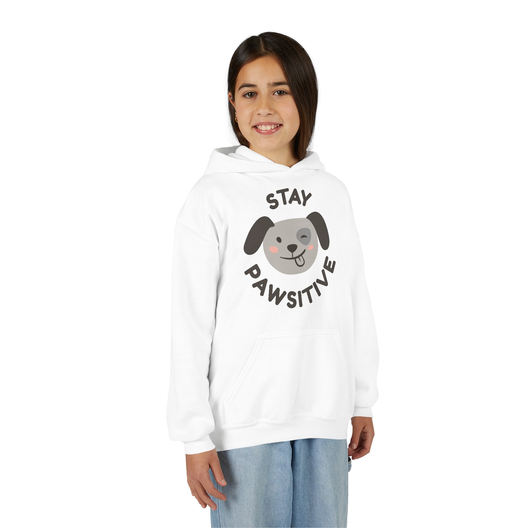 Stay Pawsitive Youth Hoodie – Cute Dog Graphic Kids Sweatshirt