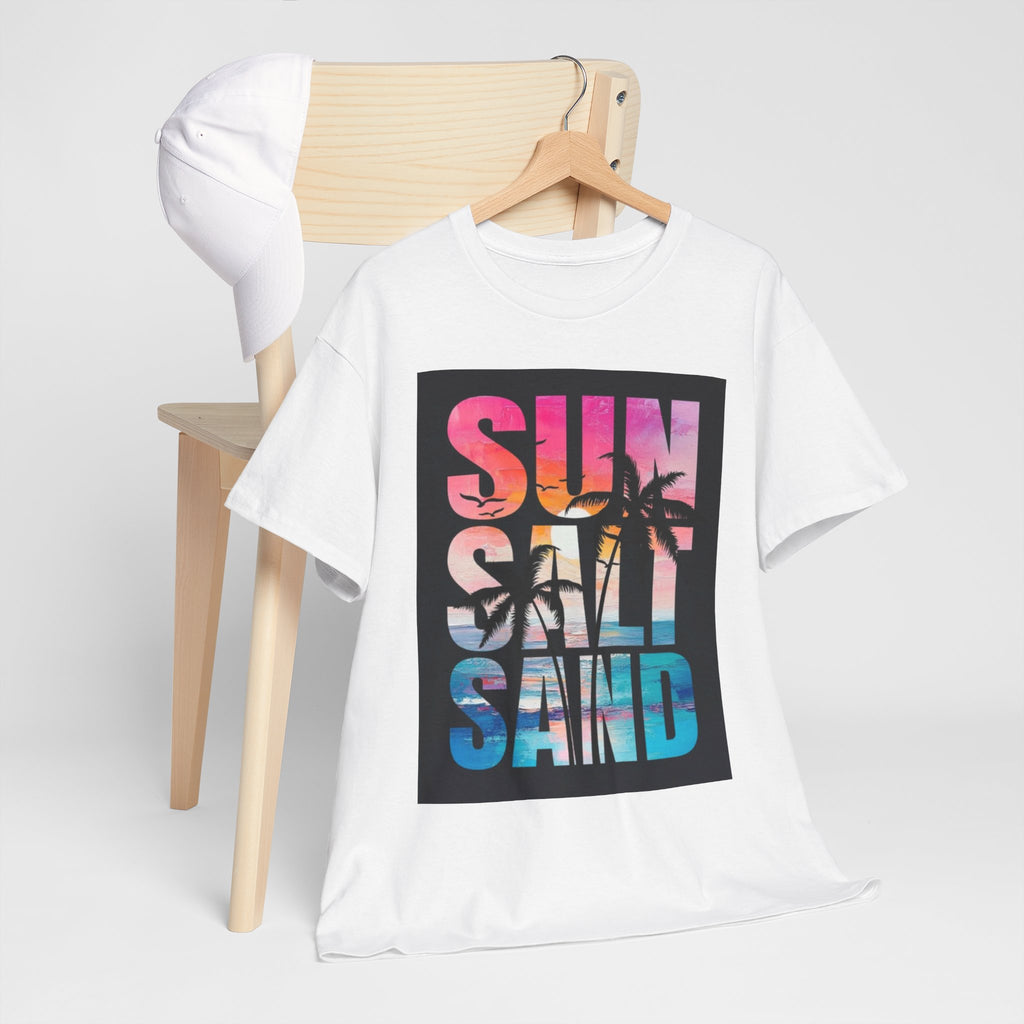 Sun Salt Sand Beach T-Shirt — Tropical Palm Sunset Graphic Tee
