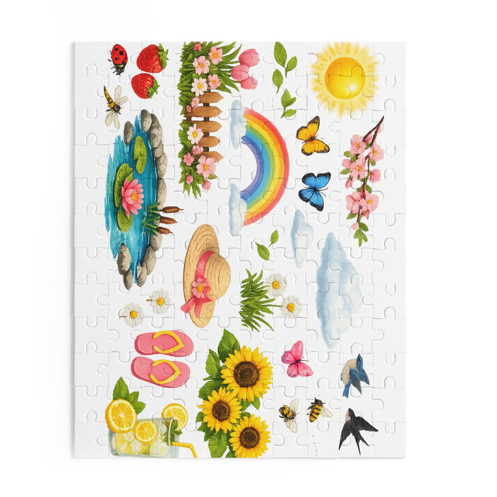 Springtime Sticker Puzzle — 120/252/500-Piece Jigsaw with Rainbow, Sunflowers & Garden Icons