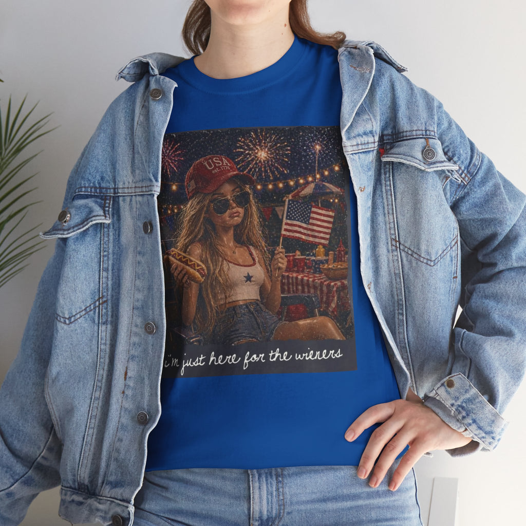 Patriotic Girl Graphic Tee — "I'm Just Here for the Fireworks" 4th of July Shirt