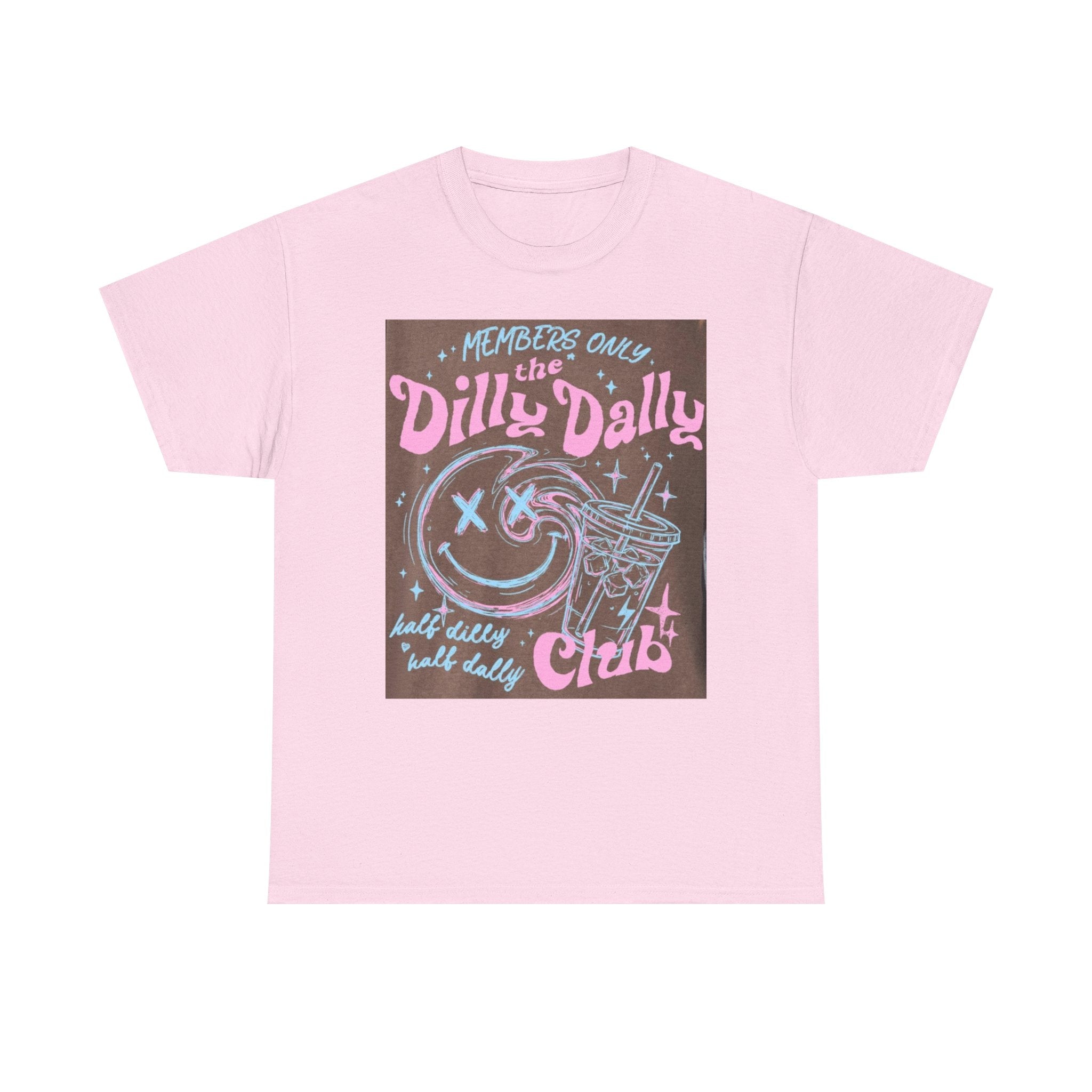Dilly Dally Club Graphic Tee — Retro Pastel Drink & Moon Design