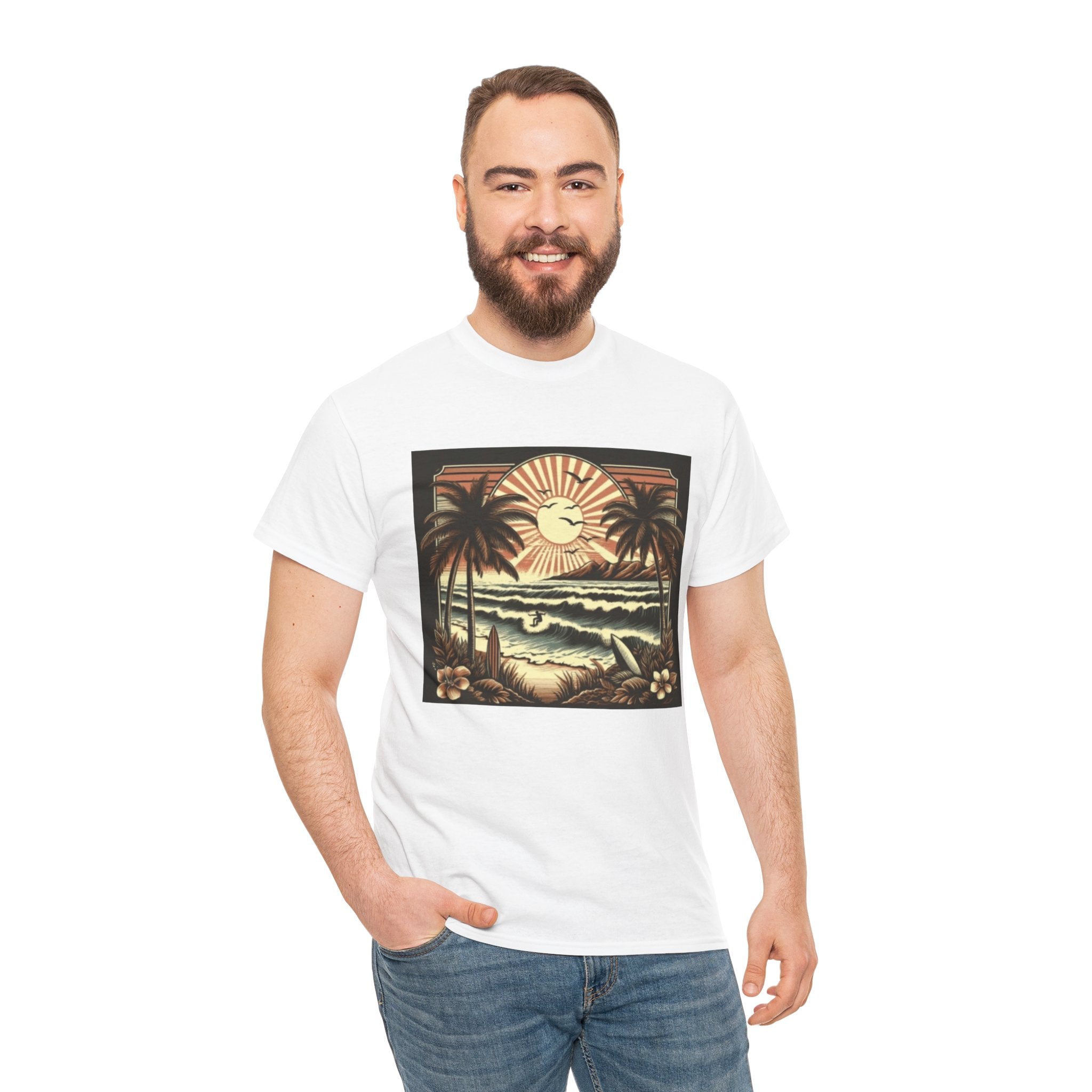 Retro Tropical Beach T-Shirt — Vintage Palm Sunset Graphic Tee