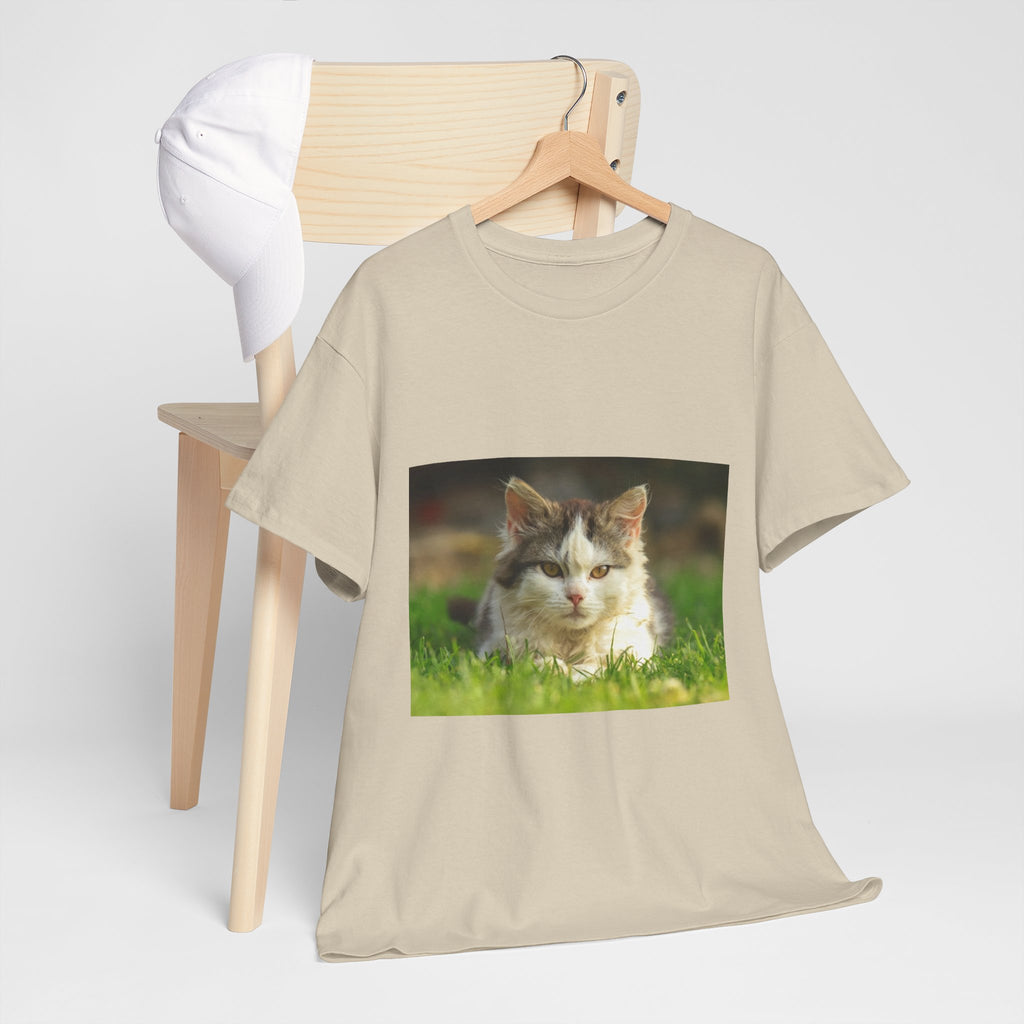 Cat Photo Tee — Relaxed Cat Lying in Grass T-Shirt
