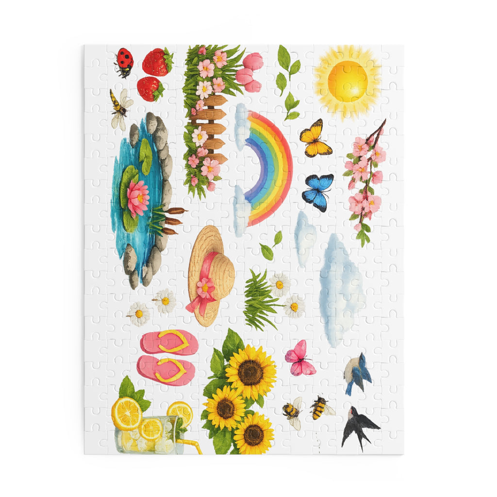 Springtime Sticker Puzzle — 120/252/500-Piece Jigsaw with Rainbow, Sunflowers & Garden Icons