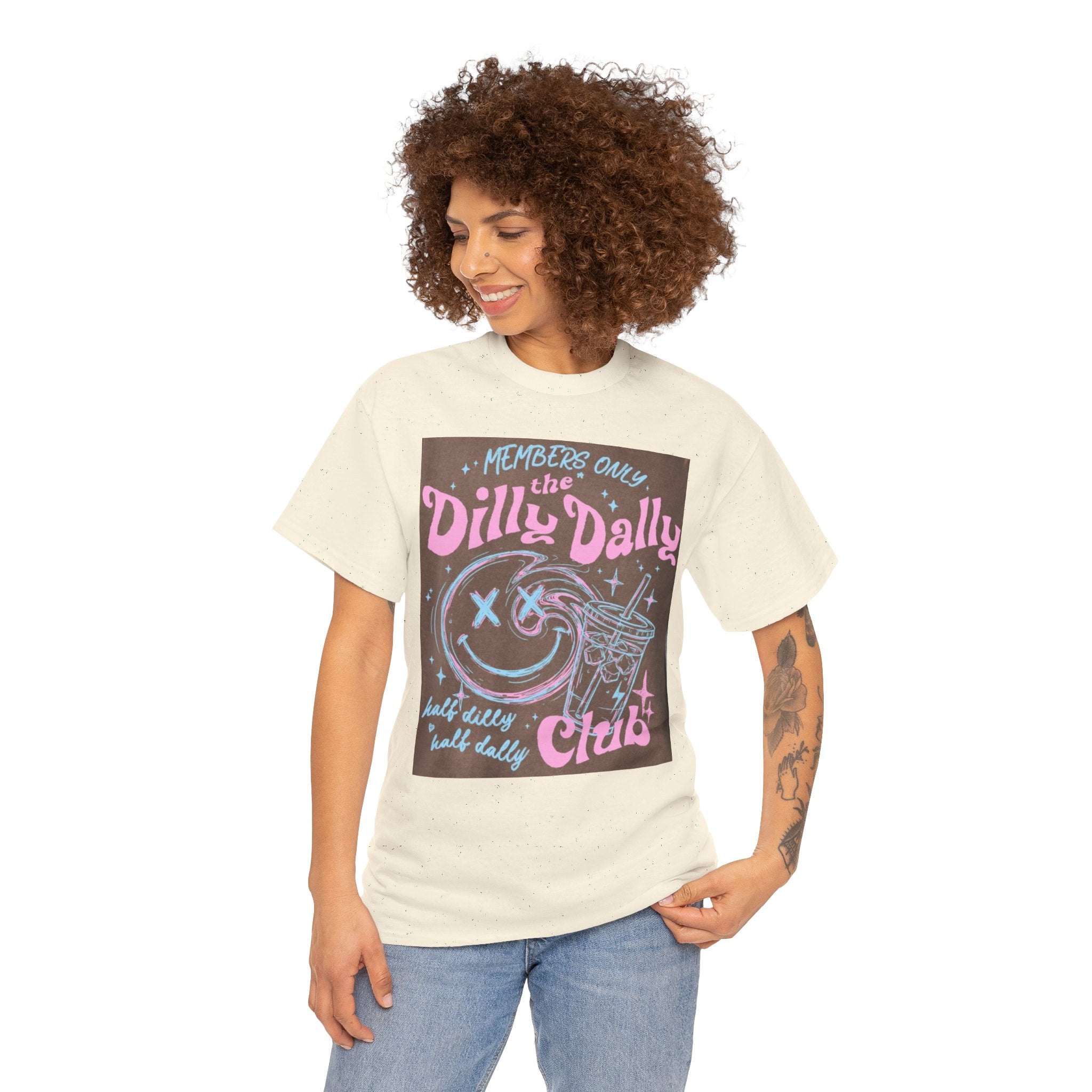 Dilly Dally Club Graphic Tee — Retro Pastel Drink & Moon Design
