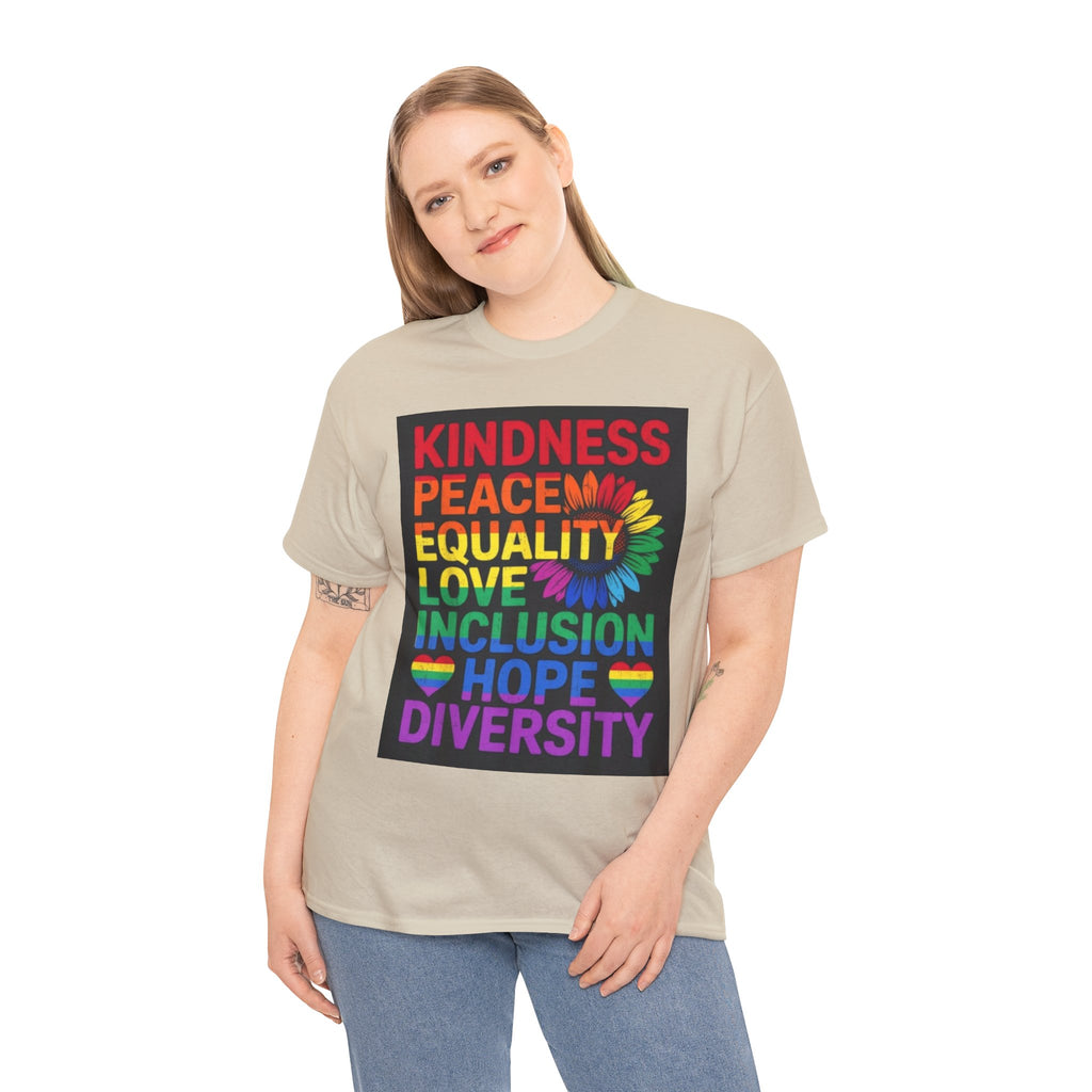 Kindness Peace Equality Rainbow T-Shirt — Pride Inclusion & Diversity Tee