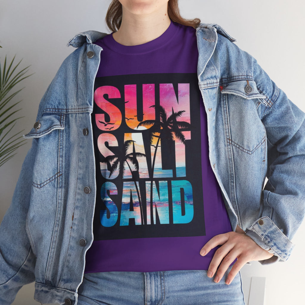 Sun Salt Sand Beach T-Shirt — Tropical Palm Sunset Graphic Tee