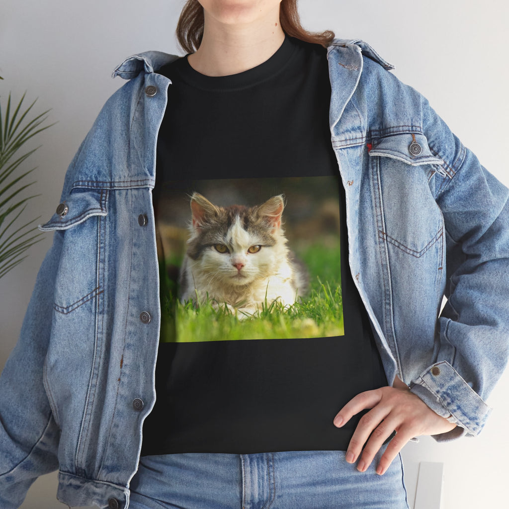 Cat Photo Tee — Relaxed Cat Lying in Grass T-Shirt
