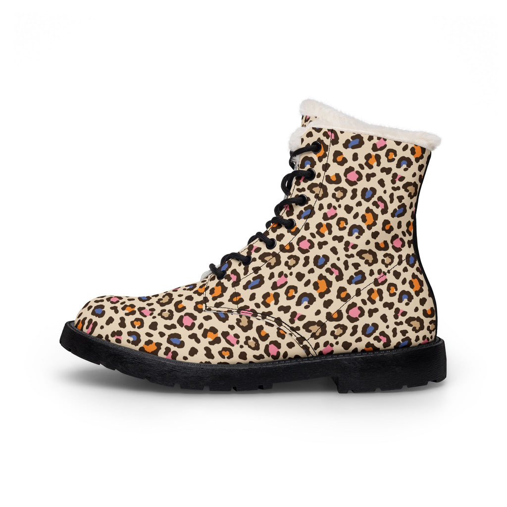 Leopard Print Fur-Lined Leather Boots — Women's Warm Winter Ankle Boots