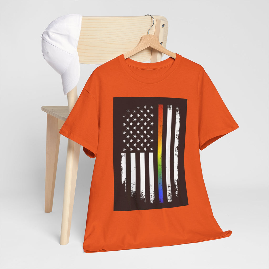 LGBTQ+ Pride Flag T‑Shirt — Distressed American Flag with Rainbow Stripe