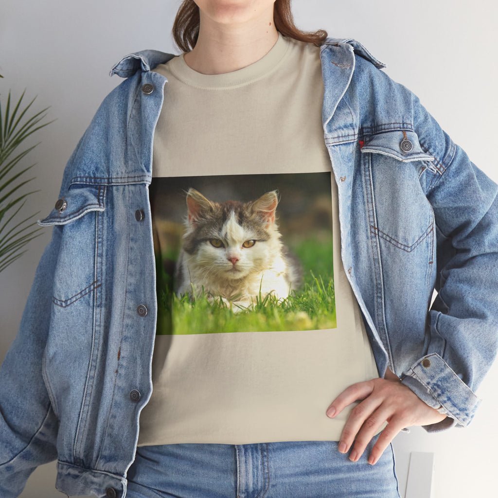 Cat Photo Tee — Relaxed Cat Lying in Grass T-Shirt