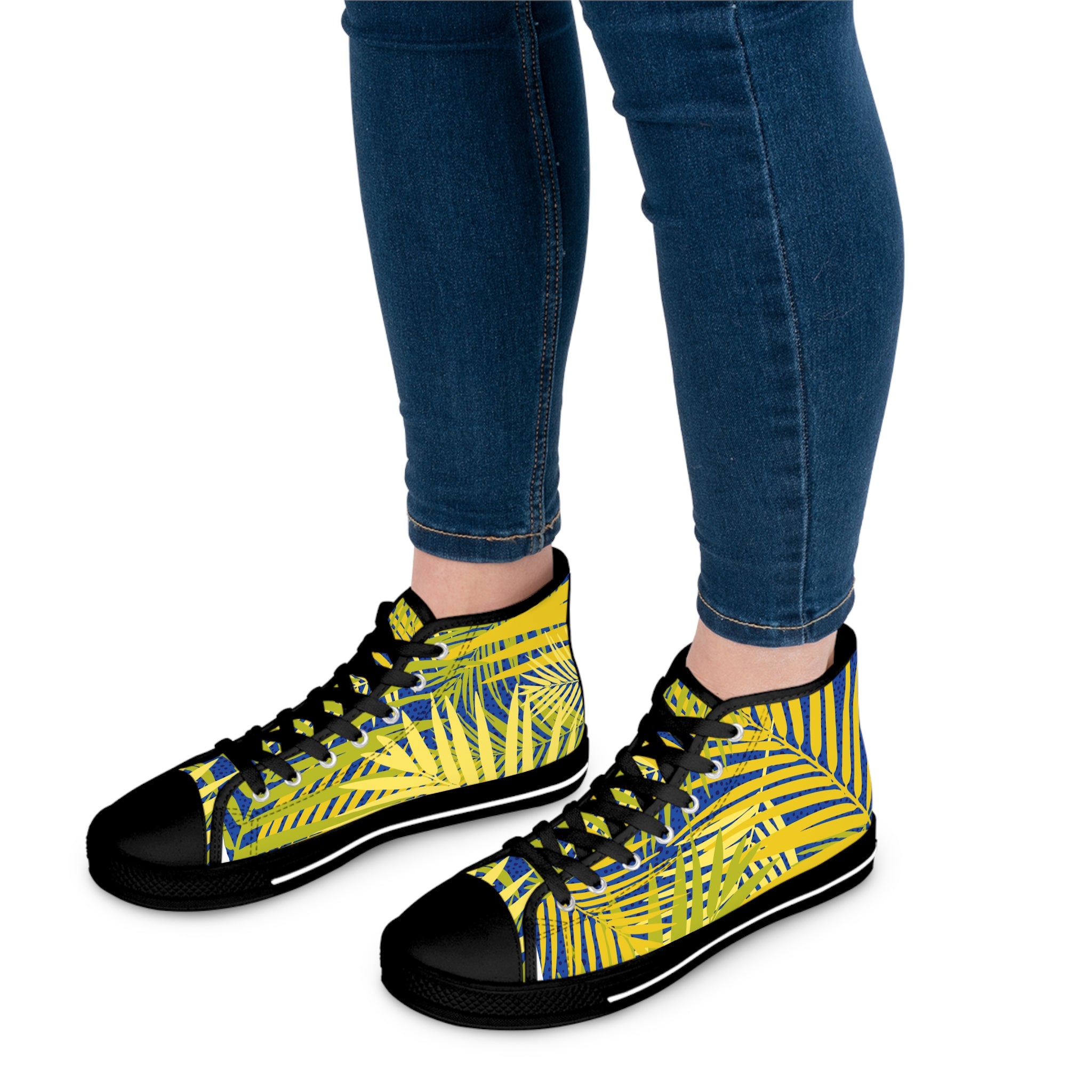 Tropical Palm High-Top Sneakers — Yellow & Blue Palm Leaf Women's Canvas Shoes