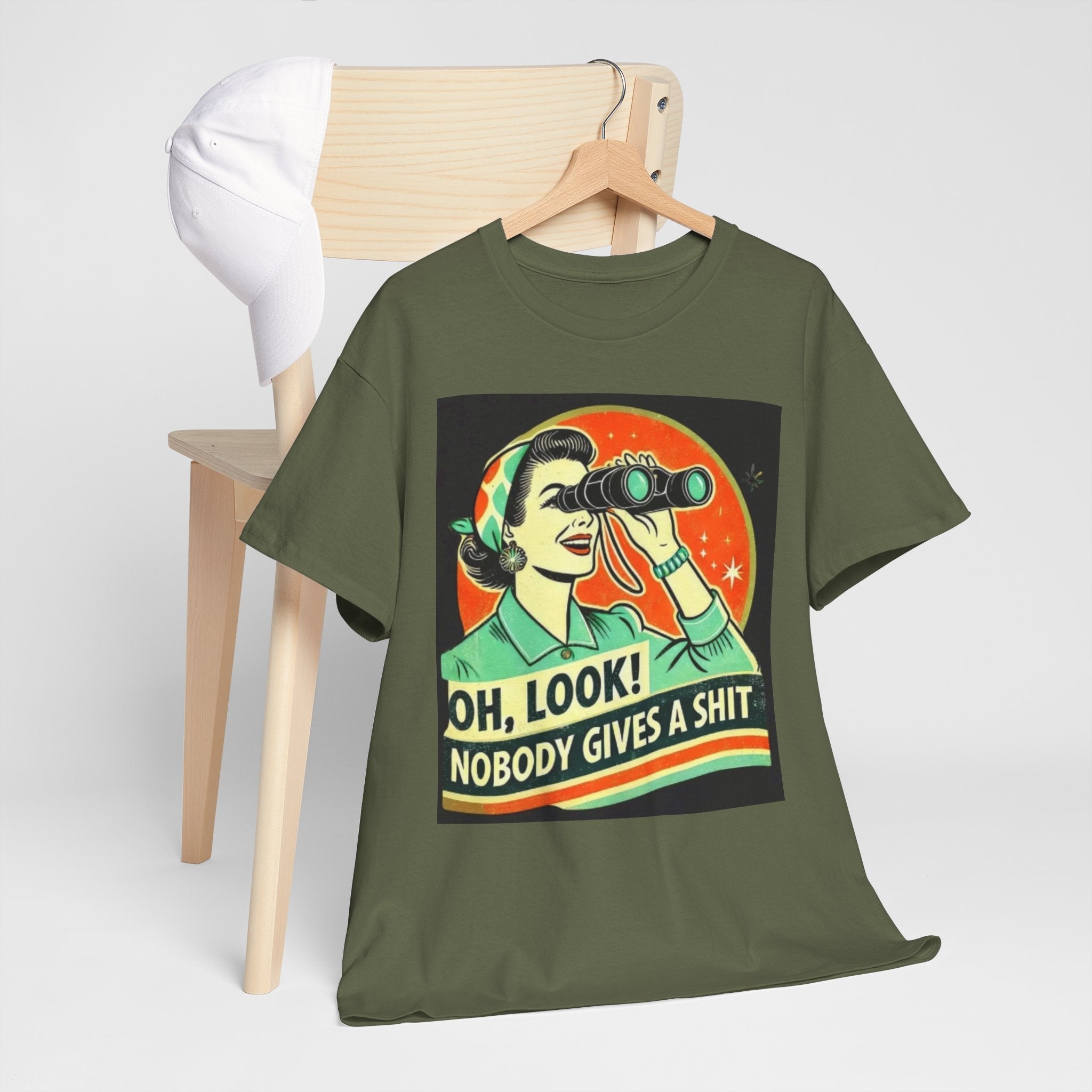 Graphic Tee — "Oh, Look! Nobody Gives a Shit" Retro Binoculars Design