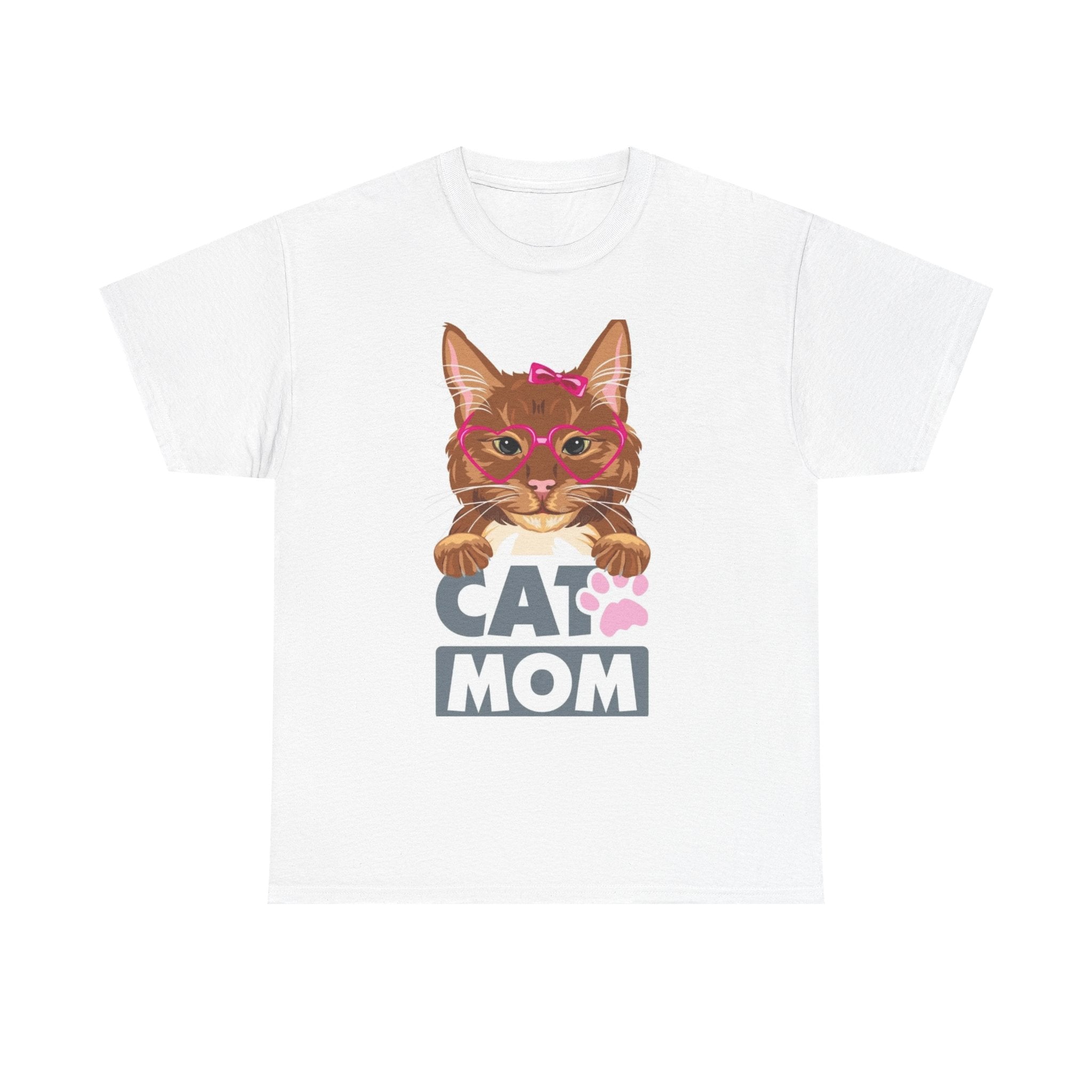 Cat Mom T-Shirt — Cute Cat Face Graphic Tee with "CAT MOM" Paw Print