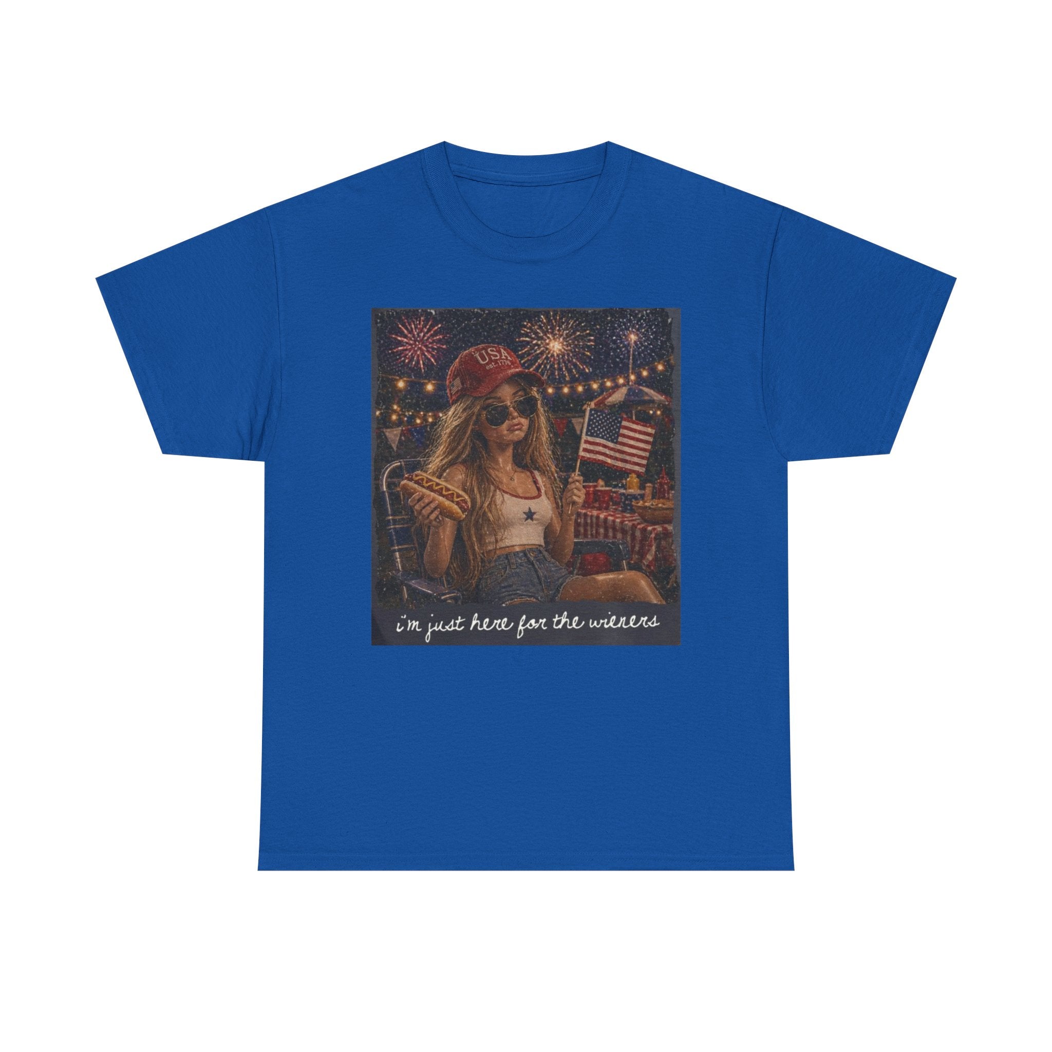 Patriotic Girl Graphic Tee — "I'm Just Here for the Fireworks" 4th of July Shirt