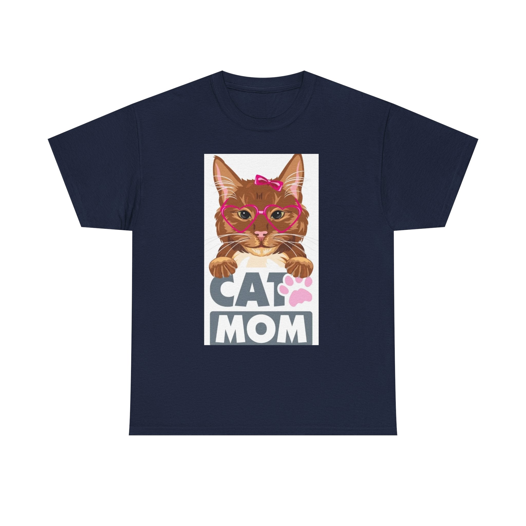 Cat Mom T-Shirt — Cute Cat Face Graphic Tee with "CAT MOM" Paw Print