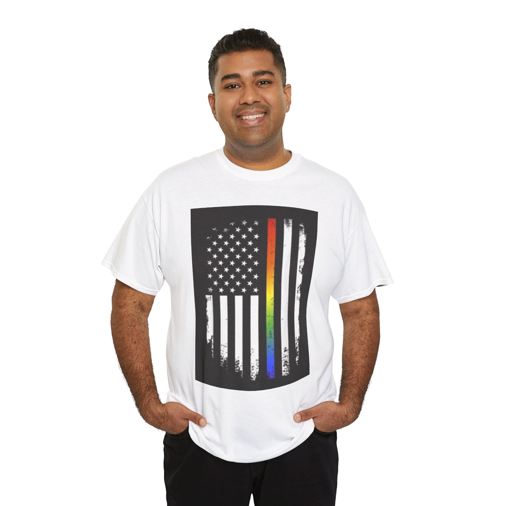 LGBTQ+ Pride Flag T‑Shirt — Distressed American Flag with Rainbow Stripe