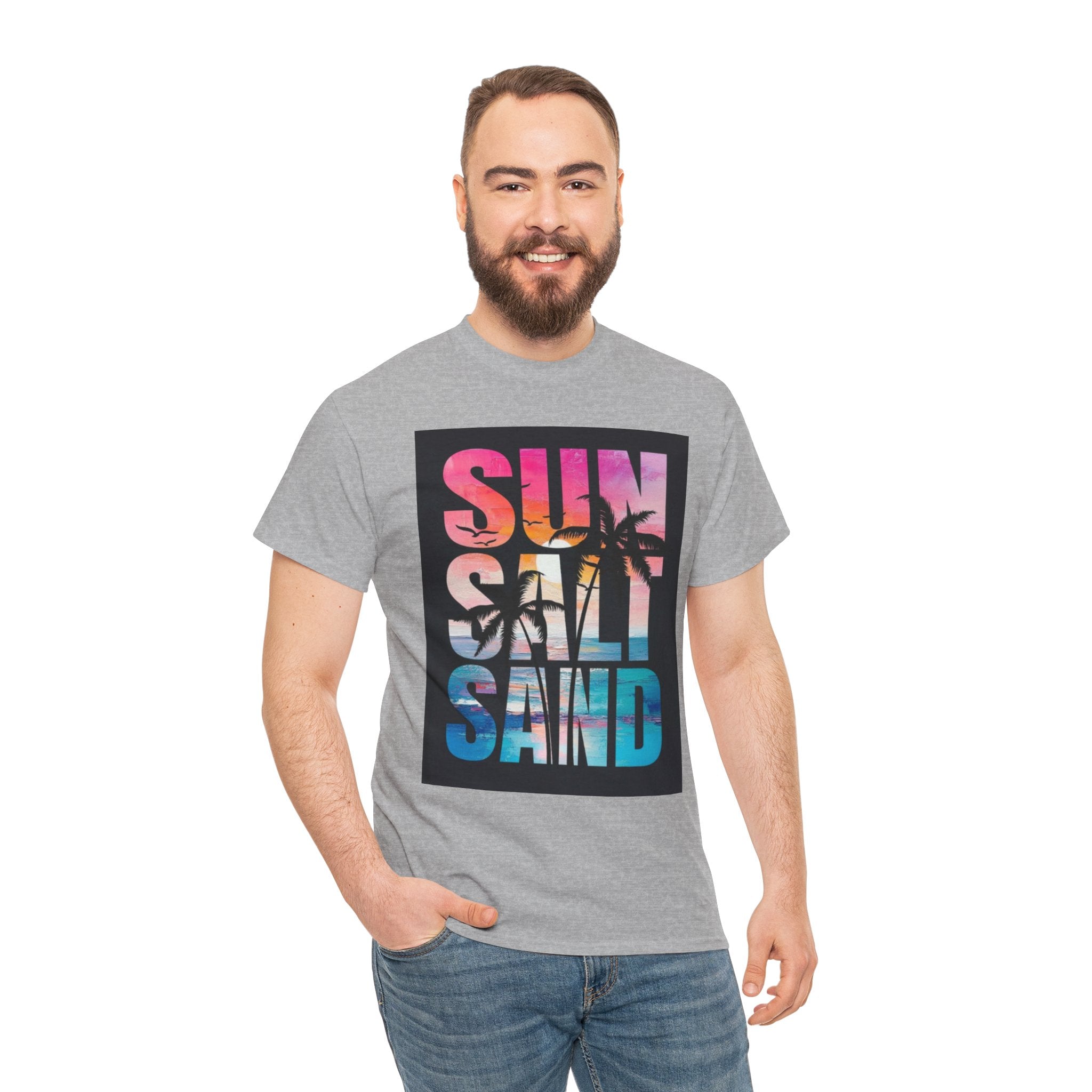 Sun Salt Sand Beach T-Shirt — Tropical Palm Sunset Graphic Tee