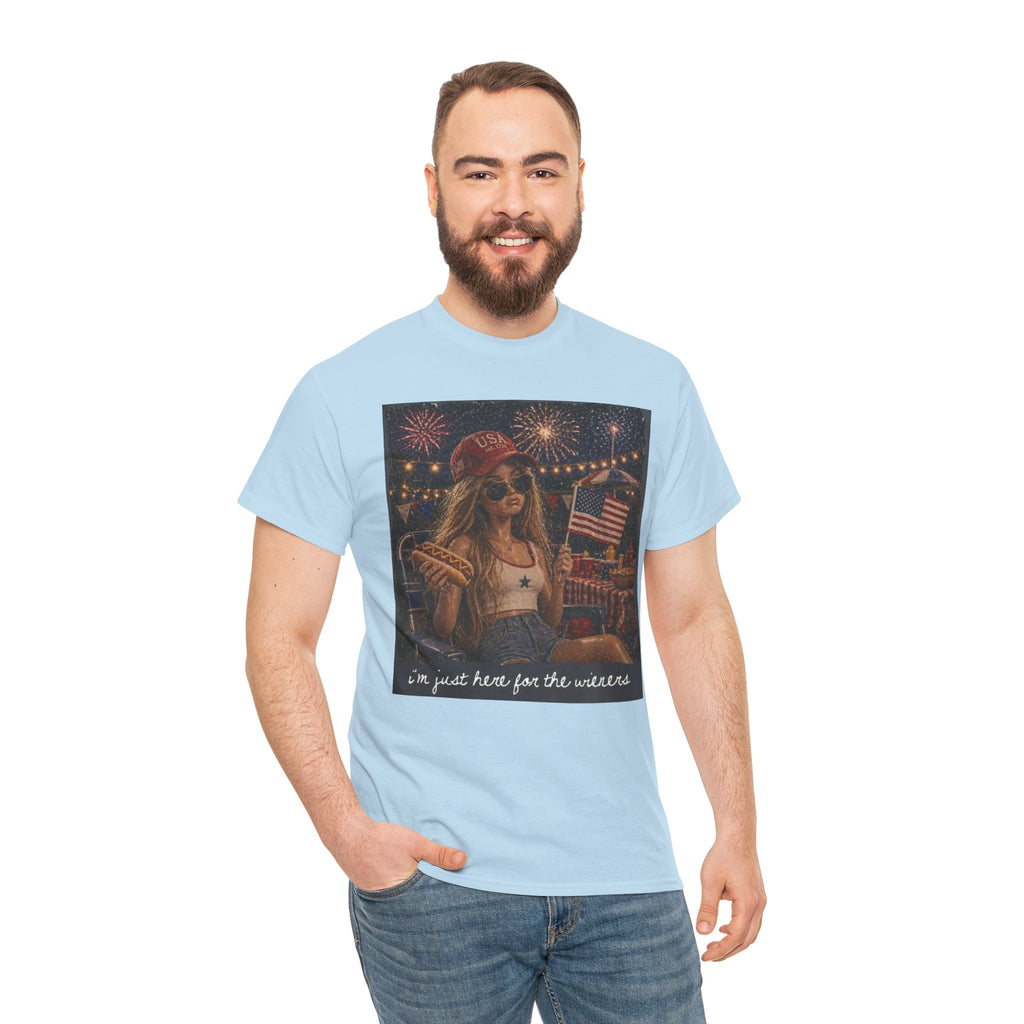 Patriotic Girl Graphic Tee — "I'm Just Here for the Fireworks" 4th of July Shirt