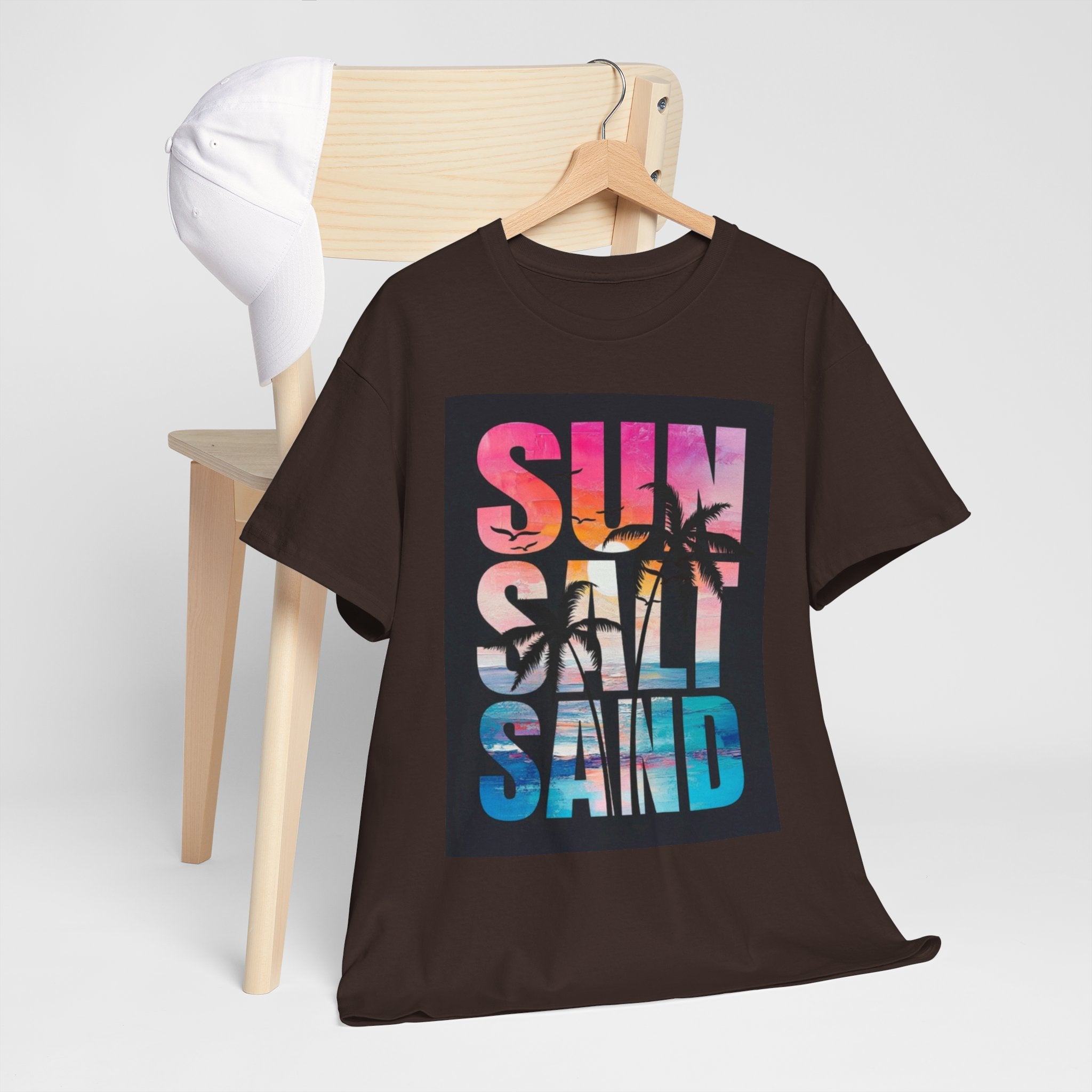 Sun Salt Sand Beach T-Shirt — Tropical Palm Sunset Graphic Tee