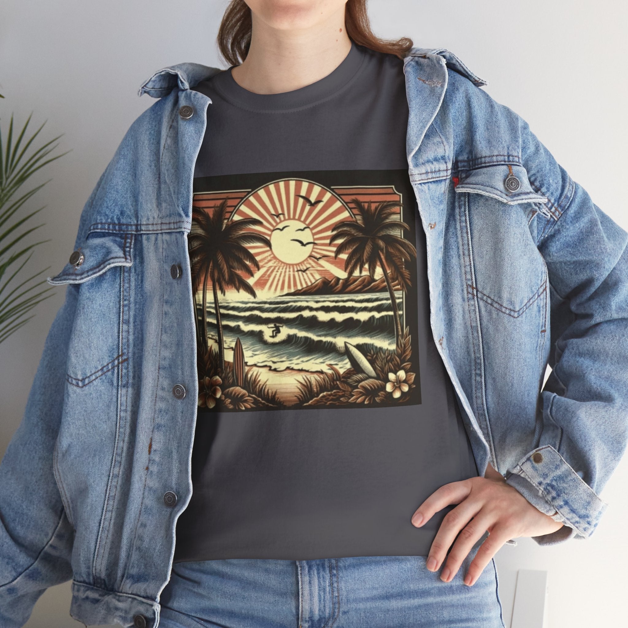 Retro Tropical Beach T-Shirt — Vintage Palm Sunset Graphic Tee