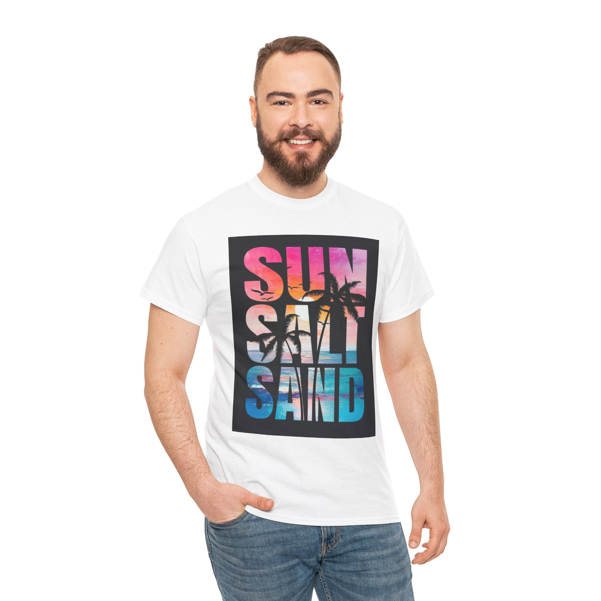 Sun Salt Sand Beach T-Shirt — Tropical Palm Sunset Graphic Tee