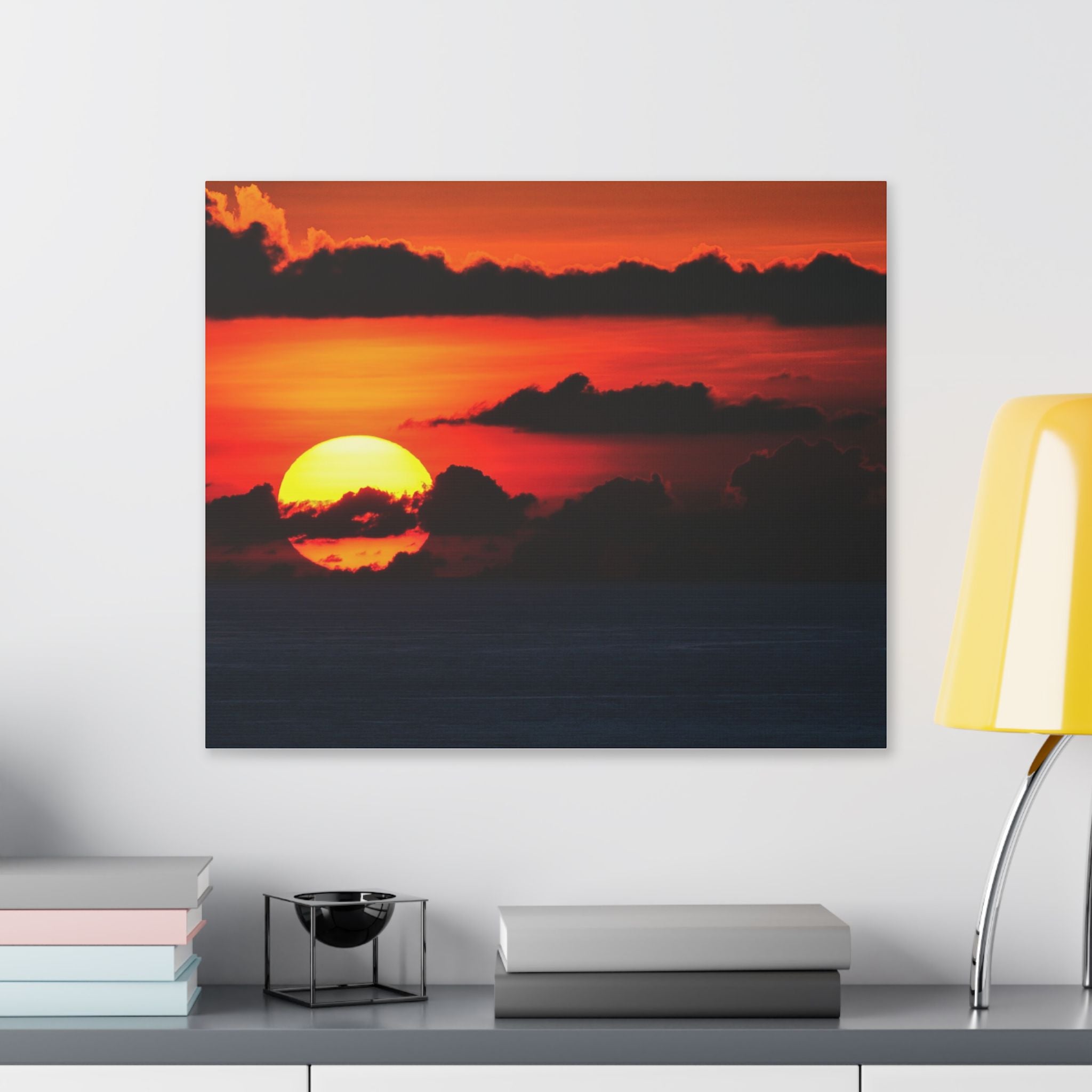 Sunset Ocean Canvas Print — Dramatic Red Sunset Wall Art