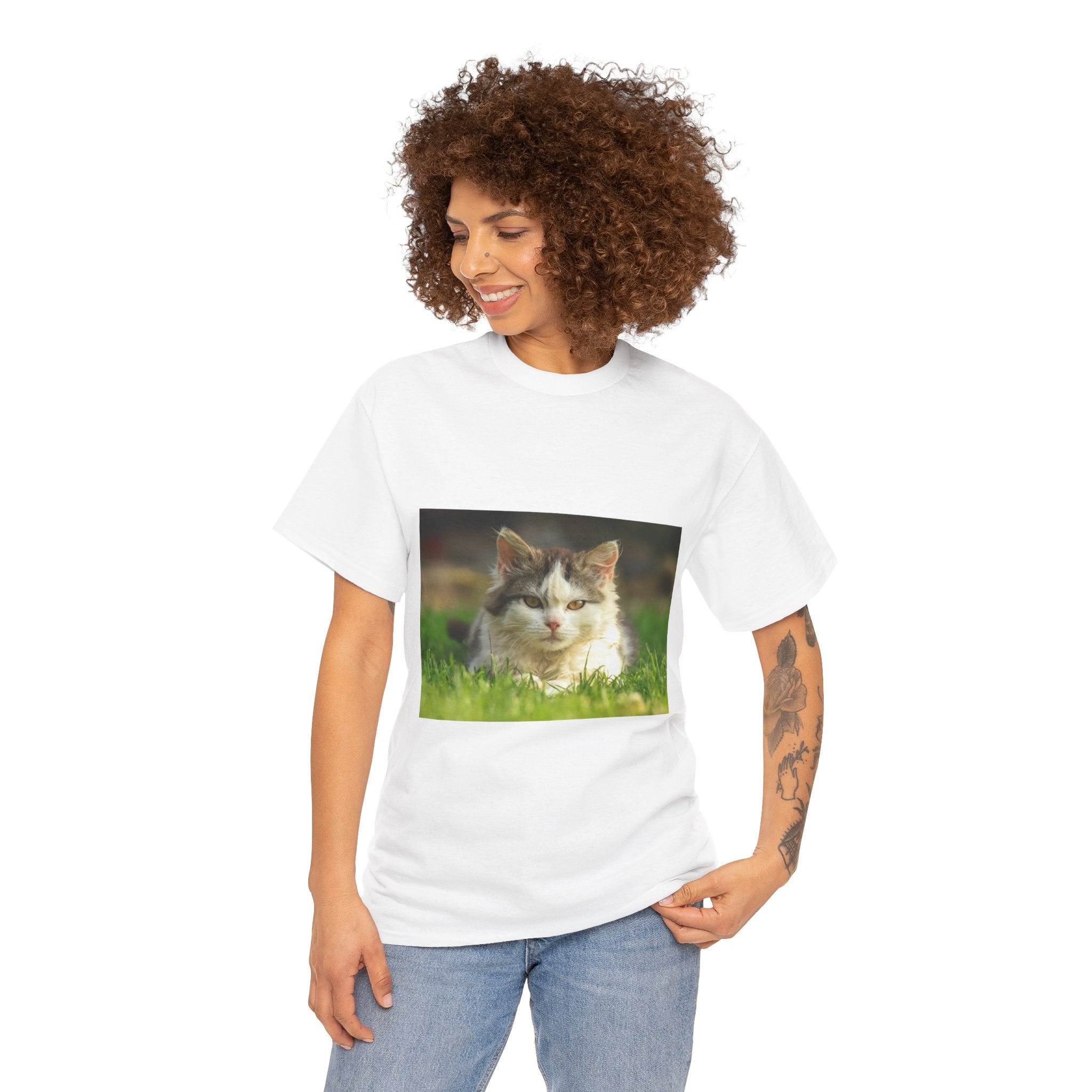 Cat Photo Tee — Relaxed Cat Lying in Grass T-Shirt