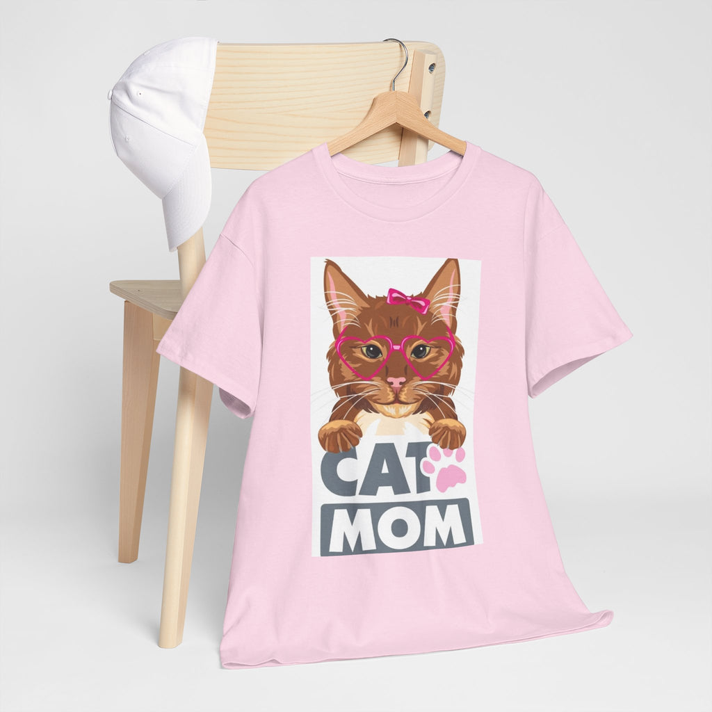 Cat Mom T-Shirt — Cute Cat Face Graphic Tee with "CAT MOM" Paw Print