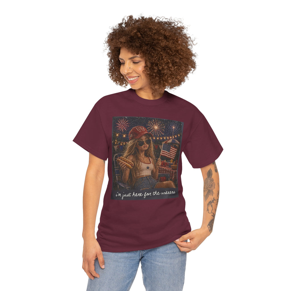 Patriotic Girl Graphic Tee — "I'm Just Here for the Fireworks" 4th of July Shirt