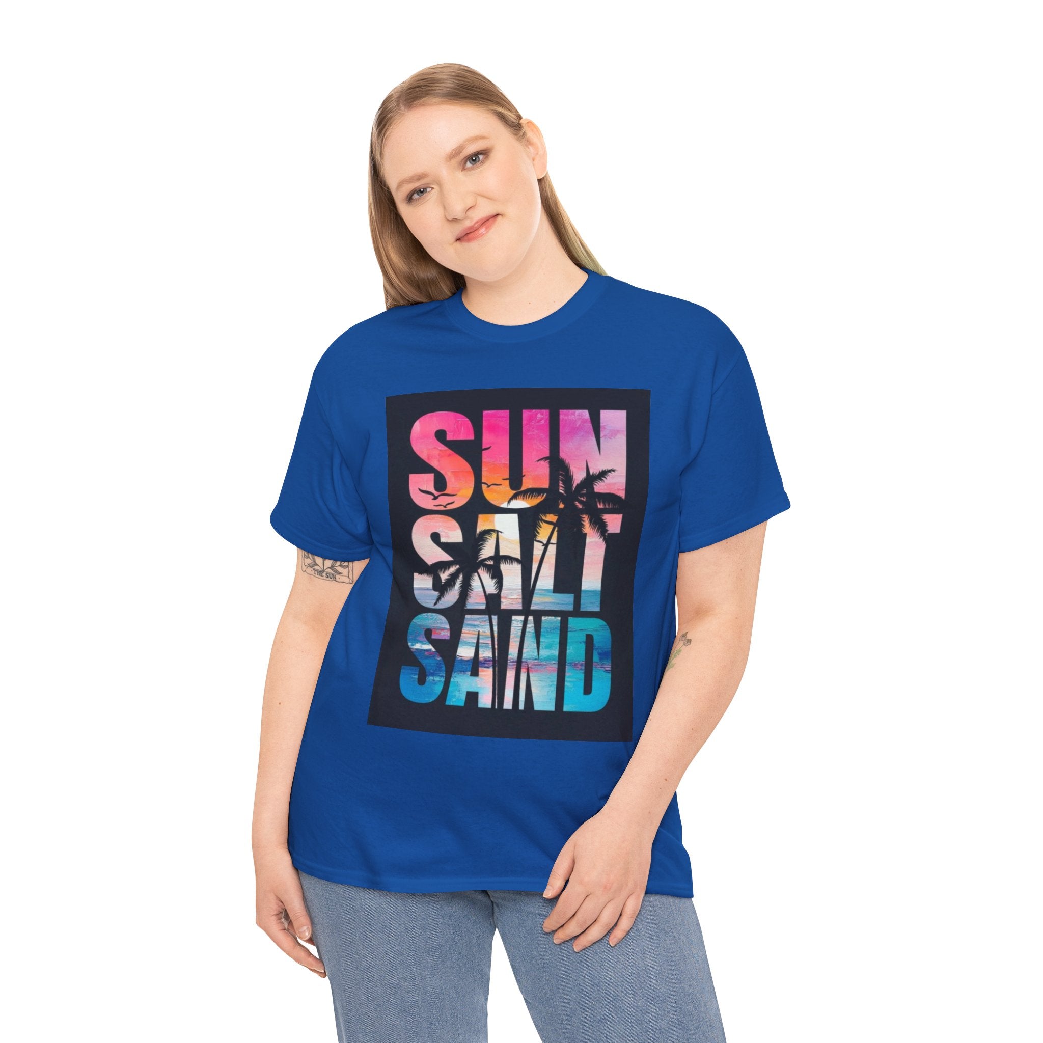 Sun Salt Sand Beach T-Shirt — Tropical Palm Sunset Graphic Tee