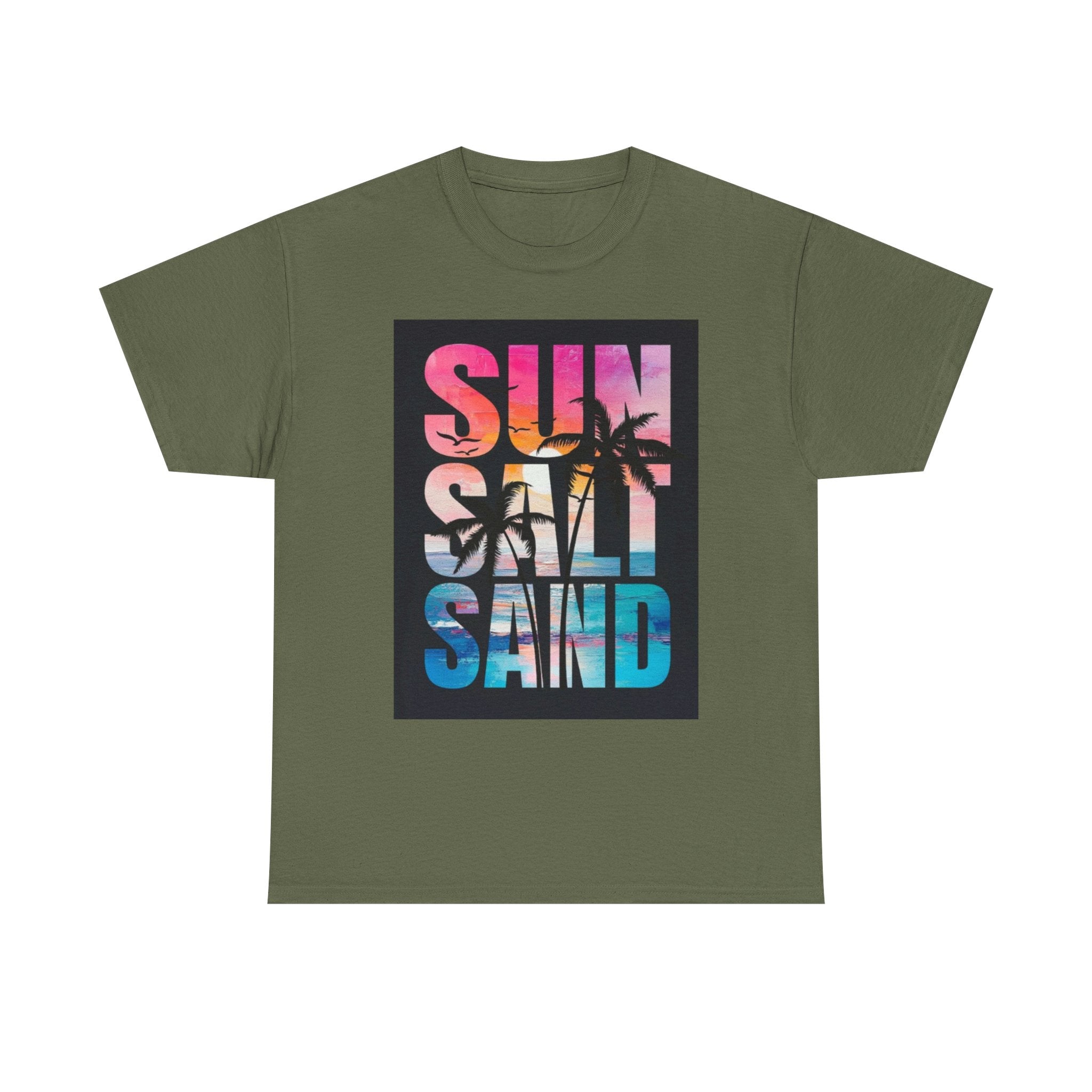 Sun Salt Sand Beach T-Shirt — Tropical Palm Sunset Graphic Tee