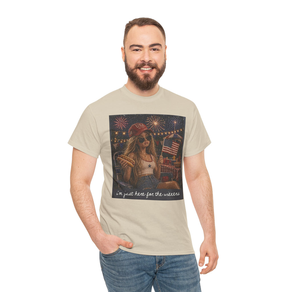 Patriotic Girl Graphic Tee — "I'm Just Here for the Fireworks" 4th of July Shirt