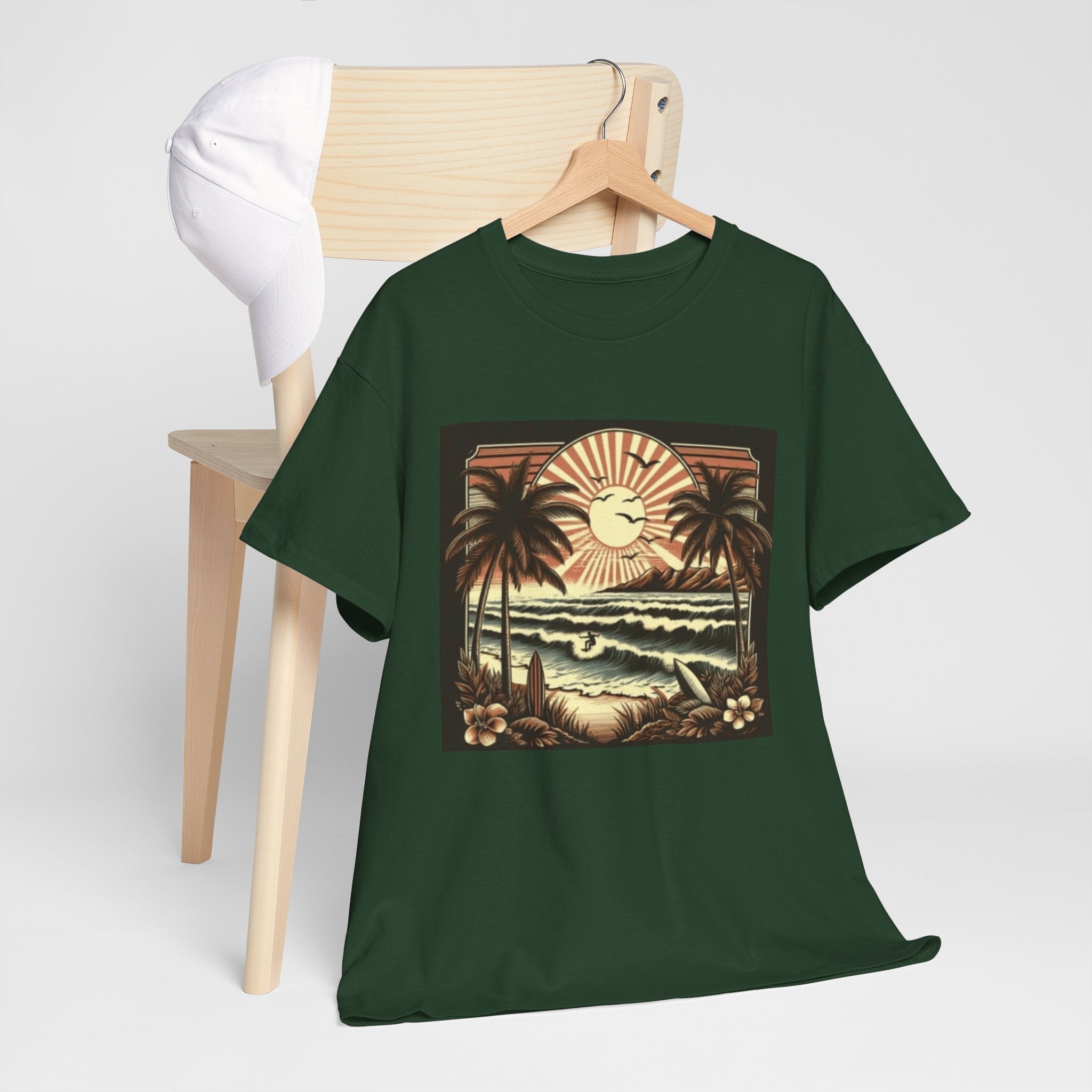 Retro Tropical Beach T-Shirt — Vintage Palm Sunset Graphic Tee