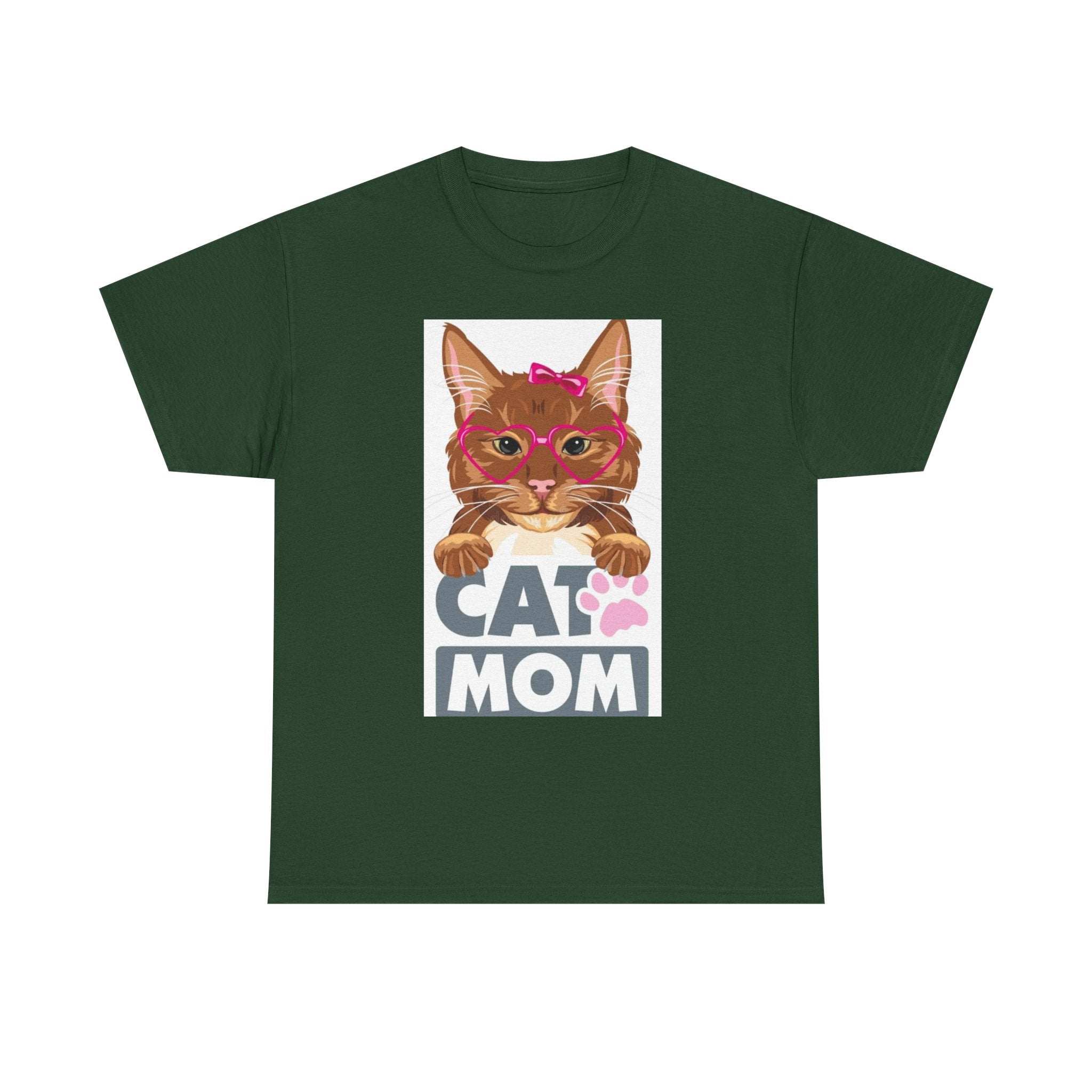 Cat Mom T-Shirt — Cute Cat Face Graphic Tee with "CAT MOM" Paw Print