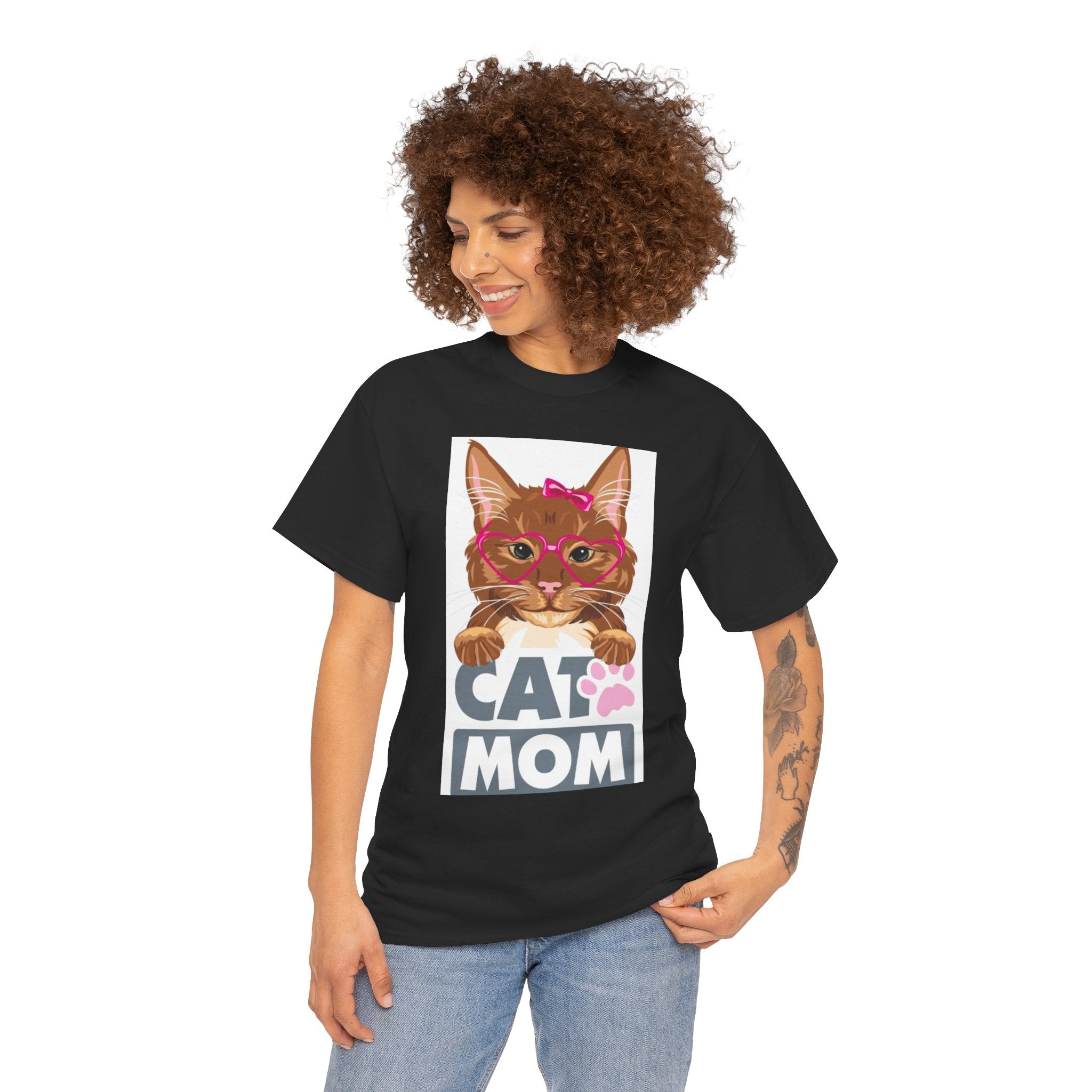 Cat Mom T-Shirt — Cute Cat Face Graphic Tee with "CAT MOM" Paw Print
