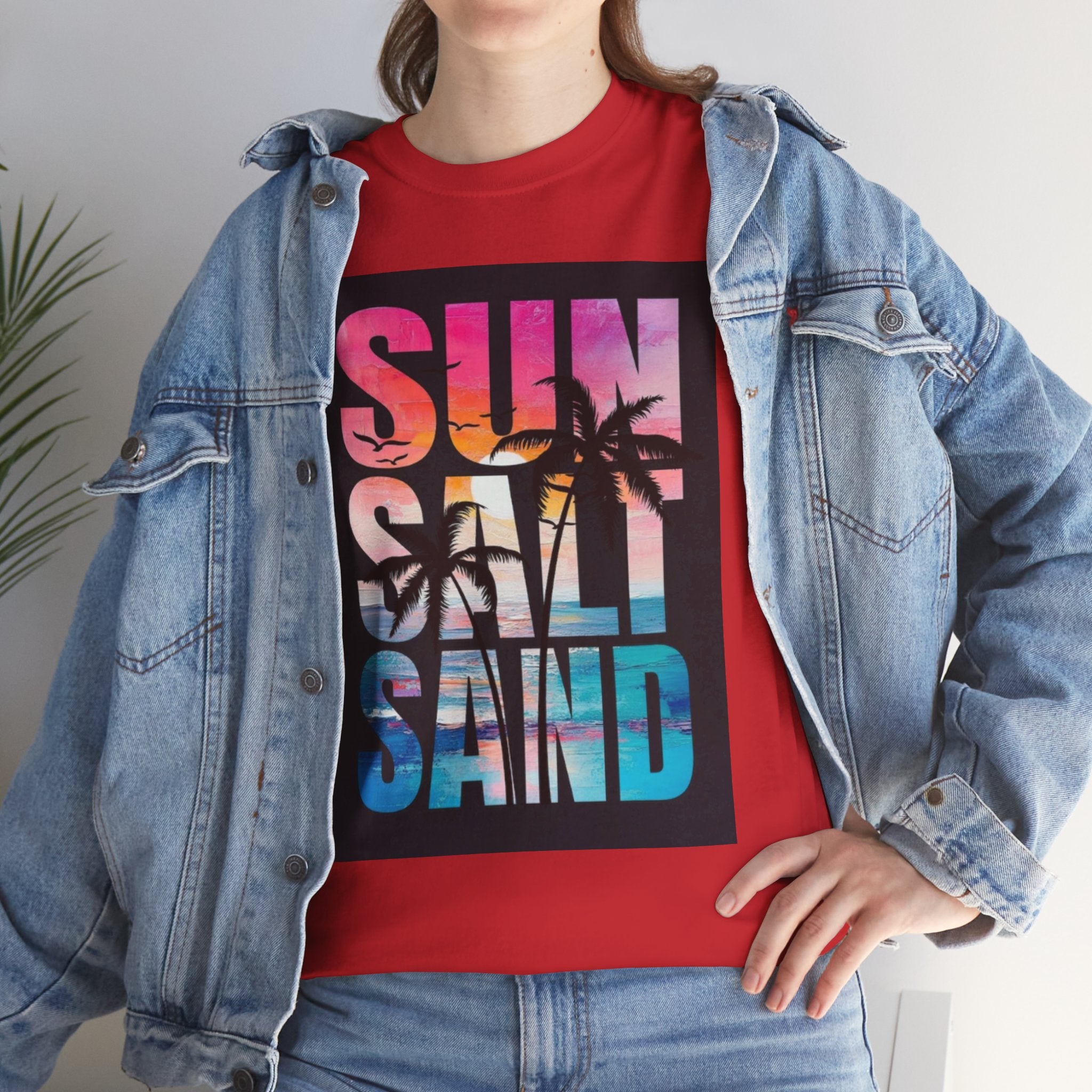 Sun Salt Sand Beach T-Shirt — Tropical Palm Sunset Graphic Tee