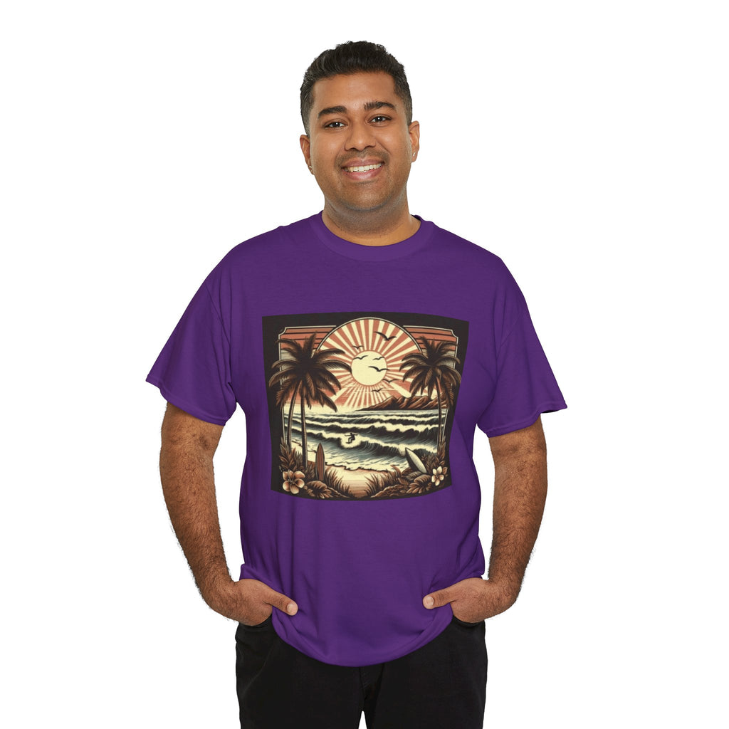 Retro Tropical Beach T-Shirt — Vintage Palm Sunset Graphic Tee