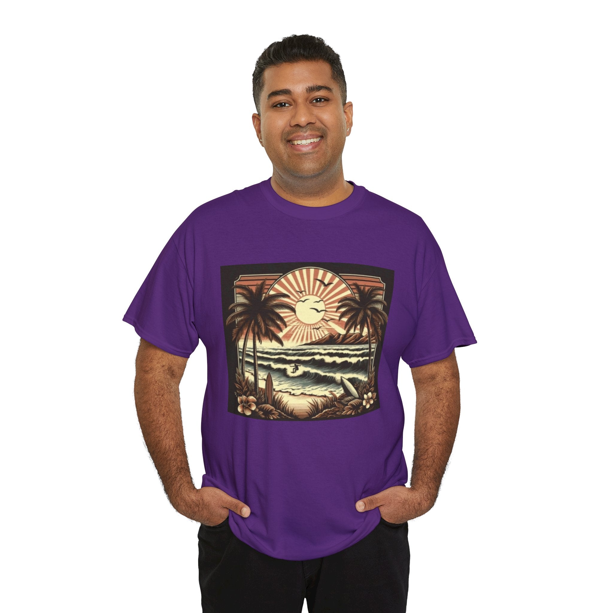 Retro Tropical Beach T-Shirt — Vintage Palm Sunset Graphic Tee
