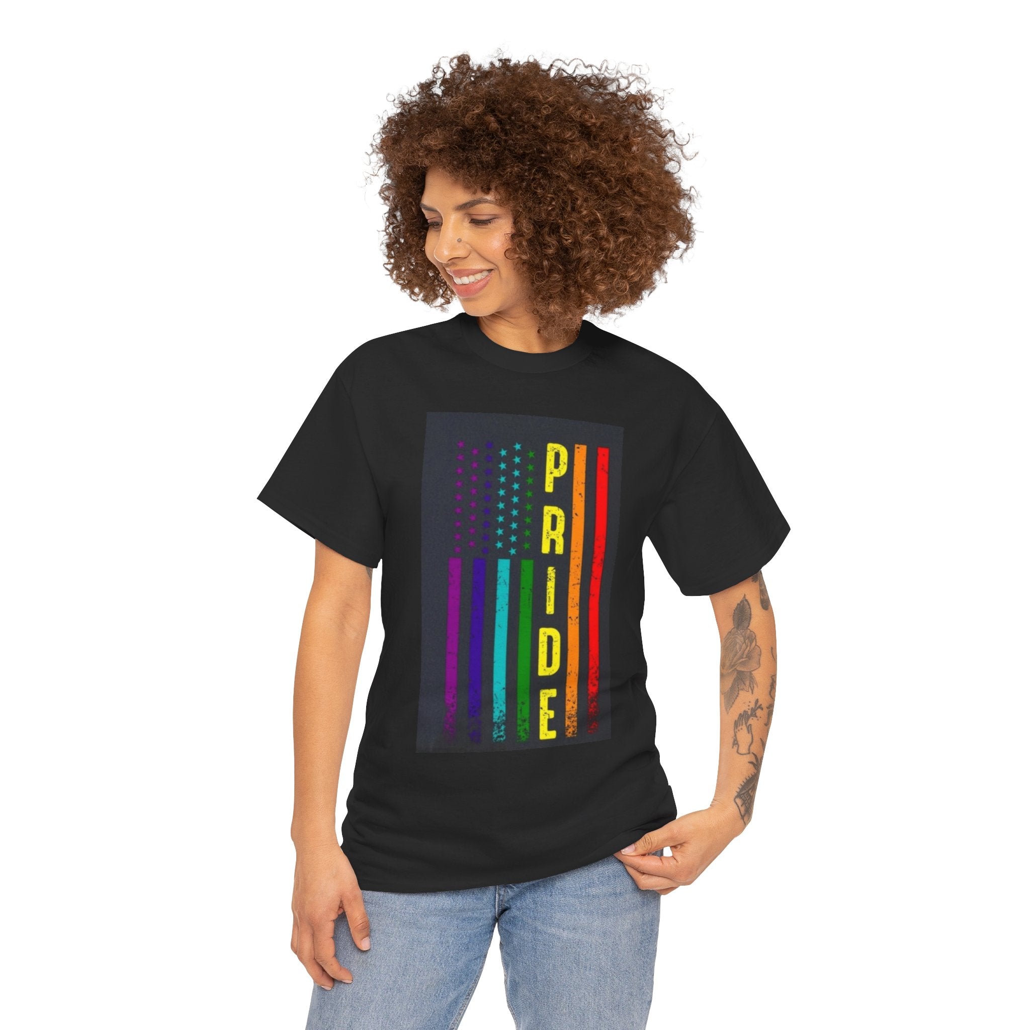 Pride Rainbow Flag Tee — Vertical "PRIDE" Graphic T-Shirt