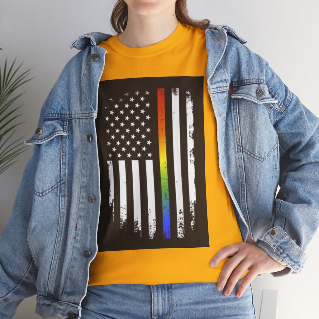 LGBTQ+ Pride Flag T‑Shirt — Distressed American Flag with Rainbow Stripe