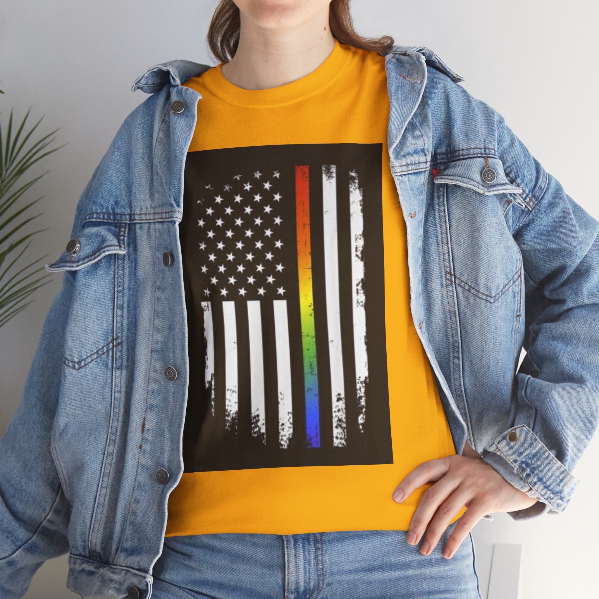 LGBTQ+ Pride Flag T‑Shirt — Distressed American Flag with Rainbow Stripe
