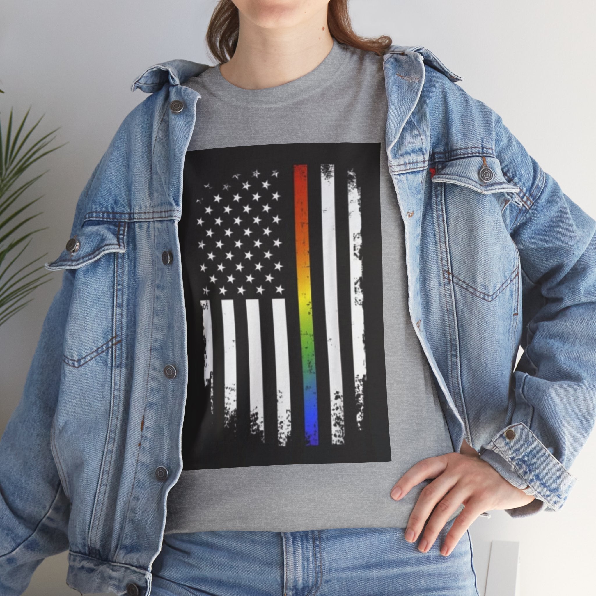 LGBTQ+ Pride Flag T‑Shirt — Distressed American Flag with Rainbow Stripe